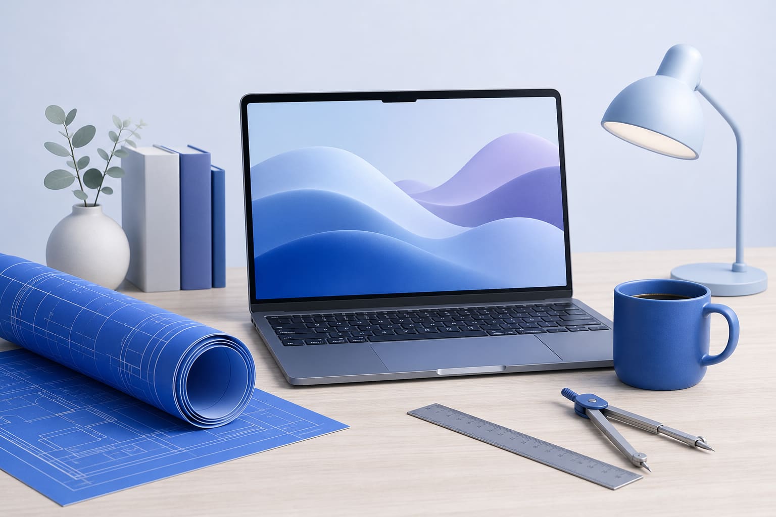 Rolled blueprint next to laptop, coffee mug, ruler and drafting compass