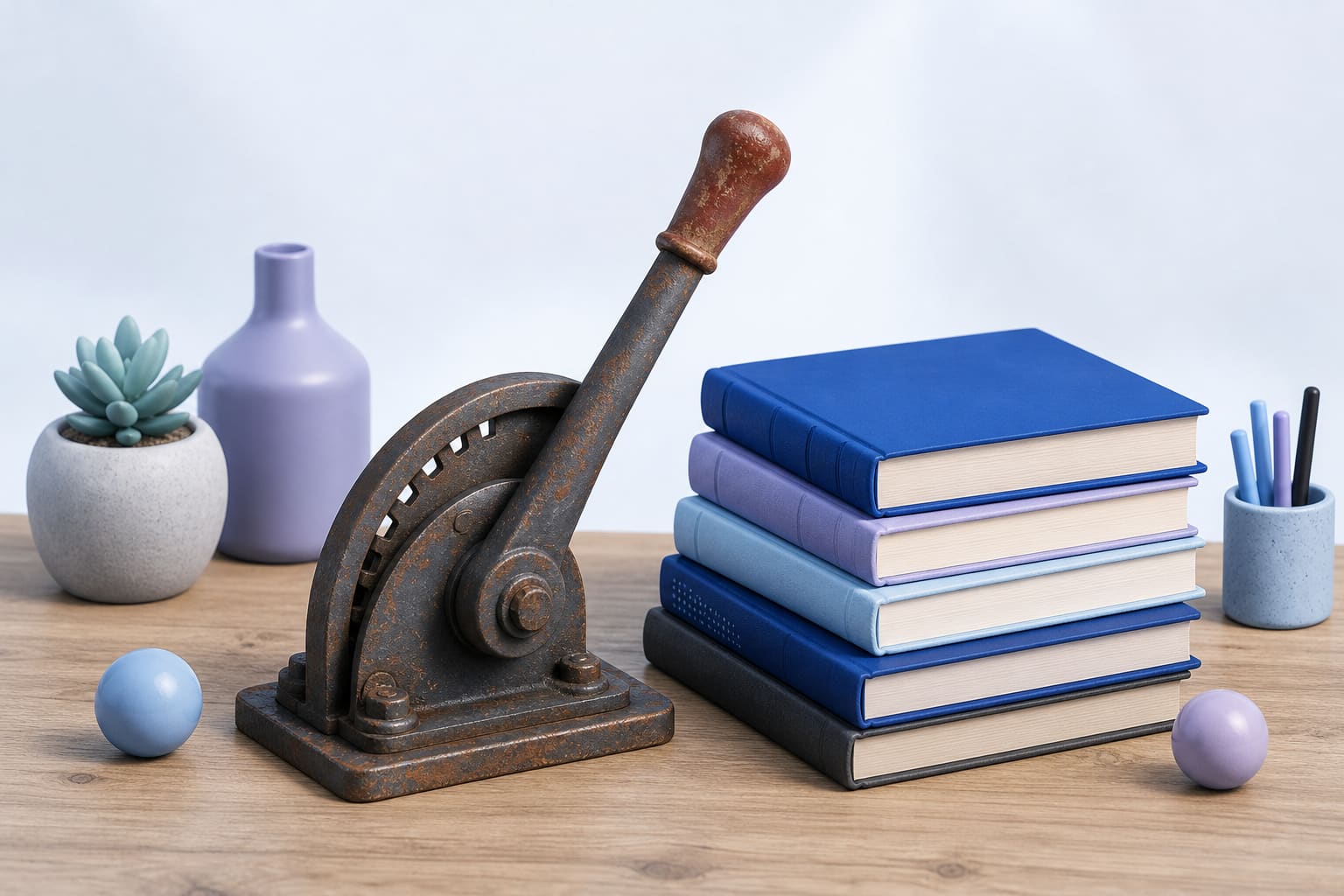 A rusted train brake lever placed next to a stack of programming books on a desk, symbolizing an emergency stop for AI models
