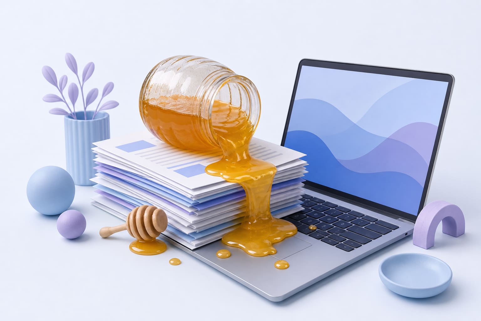 honey jar spilling onto press releases and a laptop keyboard, symbolizing AI easing PR work