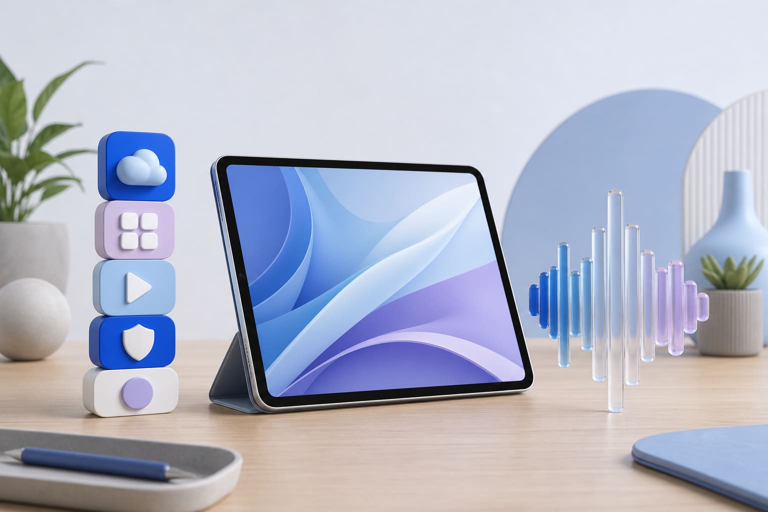 Aluminum tablet next to colorful app icons and a glowing sound wave sculpture on a wooden surface