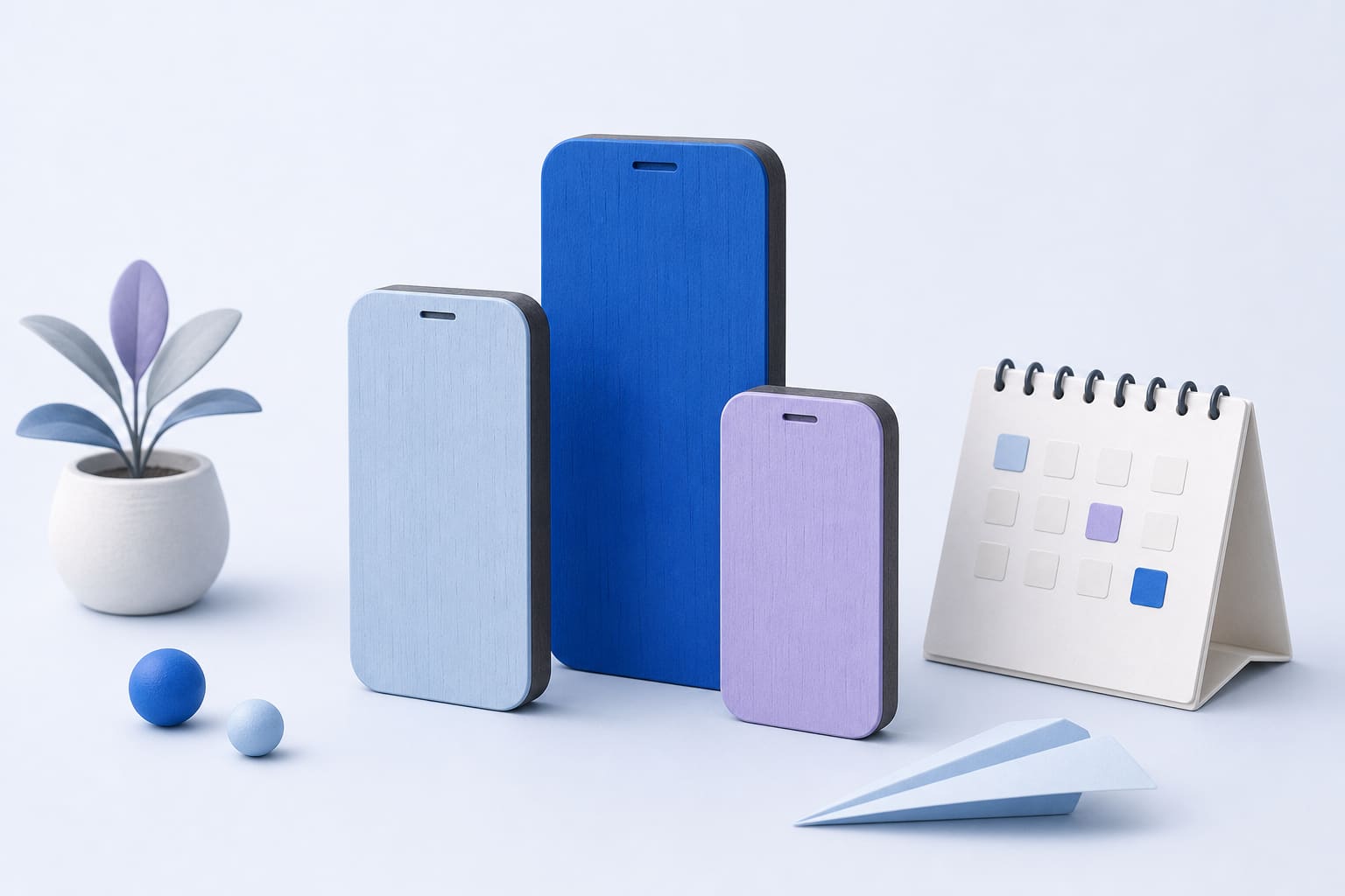 Three blank phone-shaped blocks beside a small calendar and a paper airplane on a desk