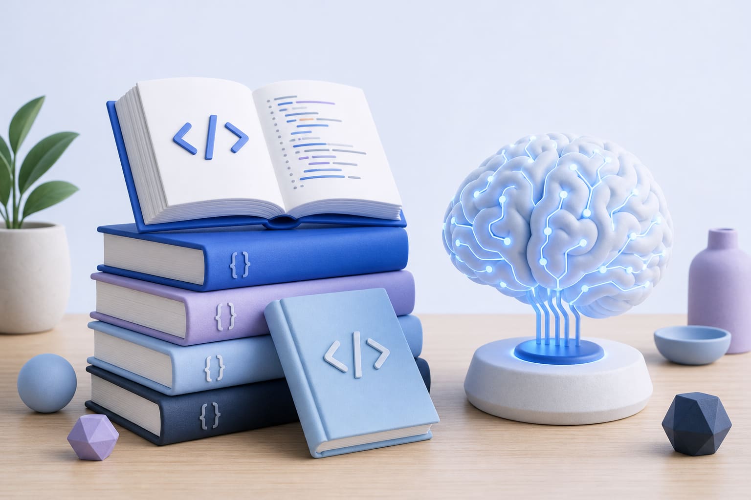 A pile of open-source programming books next to a glowing AI brain figurine on a desk