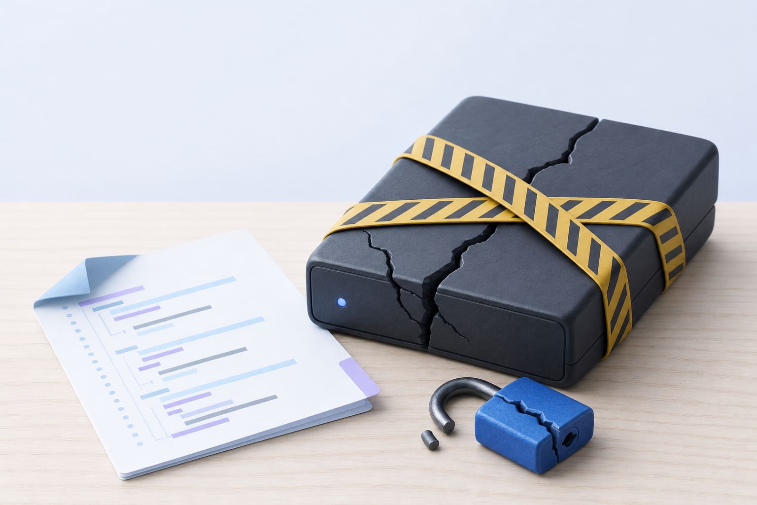 External hard drive wrapped in caution tape beside a printed config file and a broken padlock on a desk