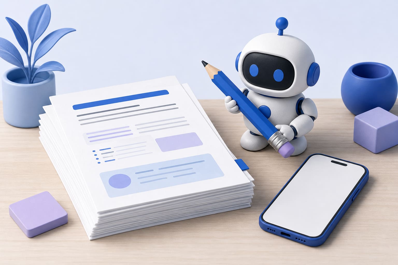 Printed guideline pages, a blank smartphone, and a small toy robot with a pencil on a desk