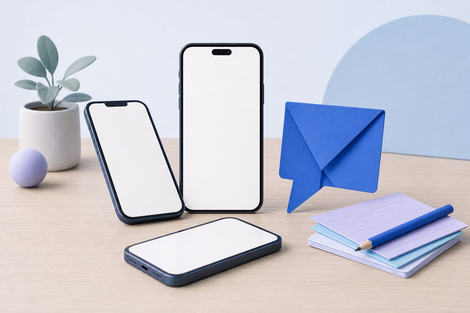 Three smartphones with blank screens on a wooden table, paper speech bubble, index cards, and a pencil.