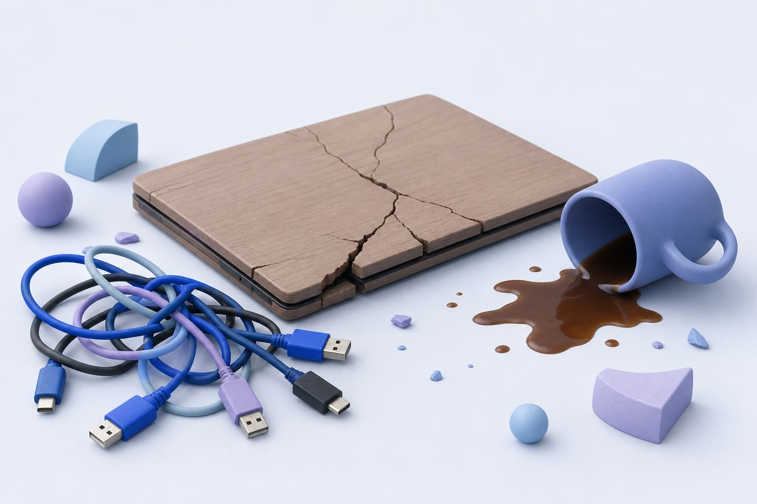 Closed laptop with a cracked case, coffee spill, and tangled USB cables on a desk