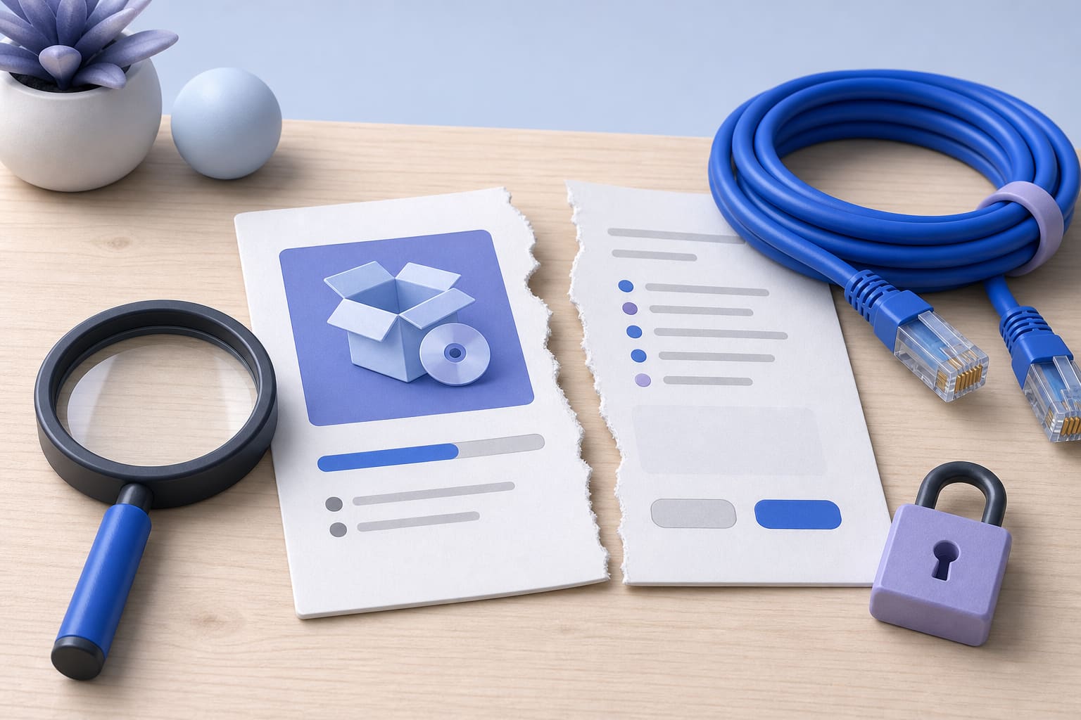 Magnifying glass, torn fake installer page, coiled ethernet cable and padlock on a wooden desk