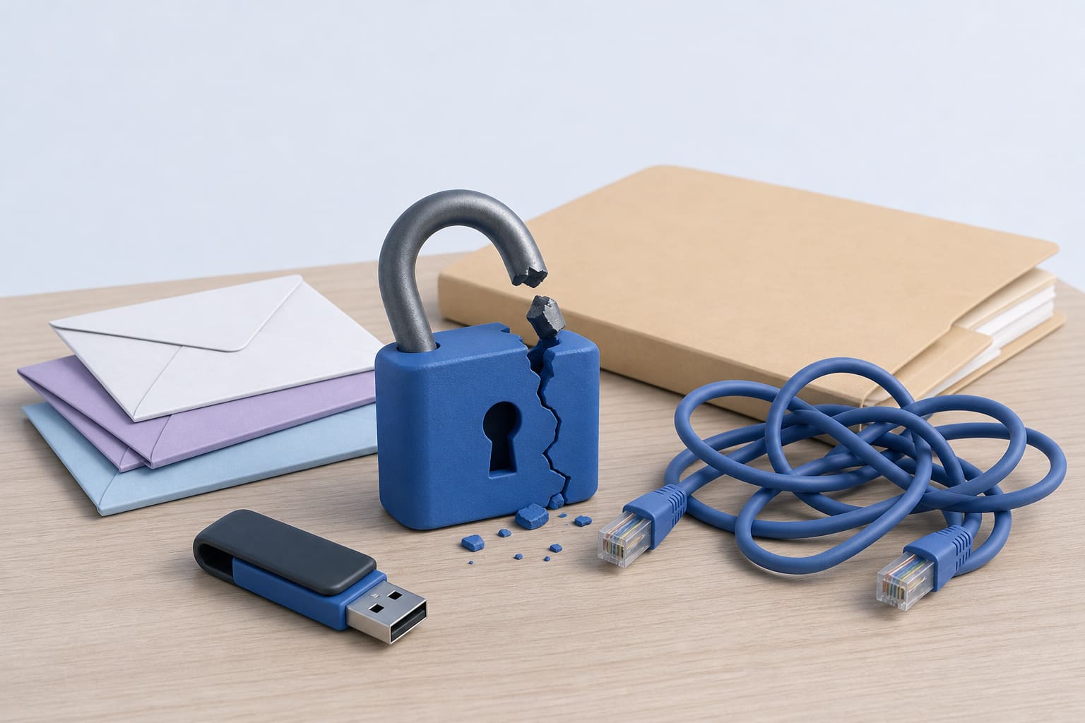 Broken padlock beside envelopes, a manila folder, USB stick, and tangled ethernet cable on a wooden desk