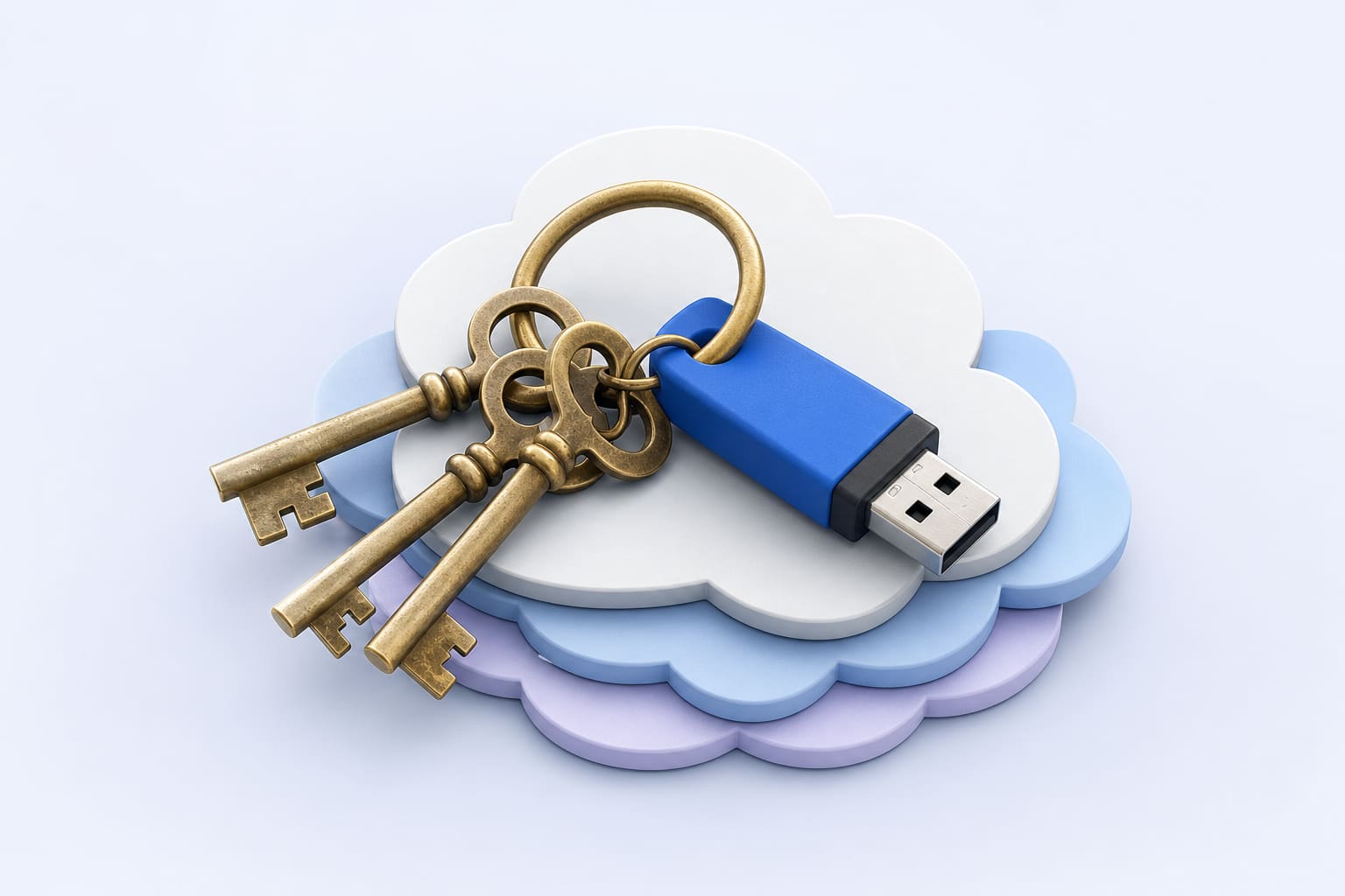 A brass key ring and USB thumb drive tangled on printed cloud icons, symbolizing compromised app credentials