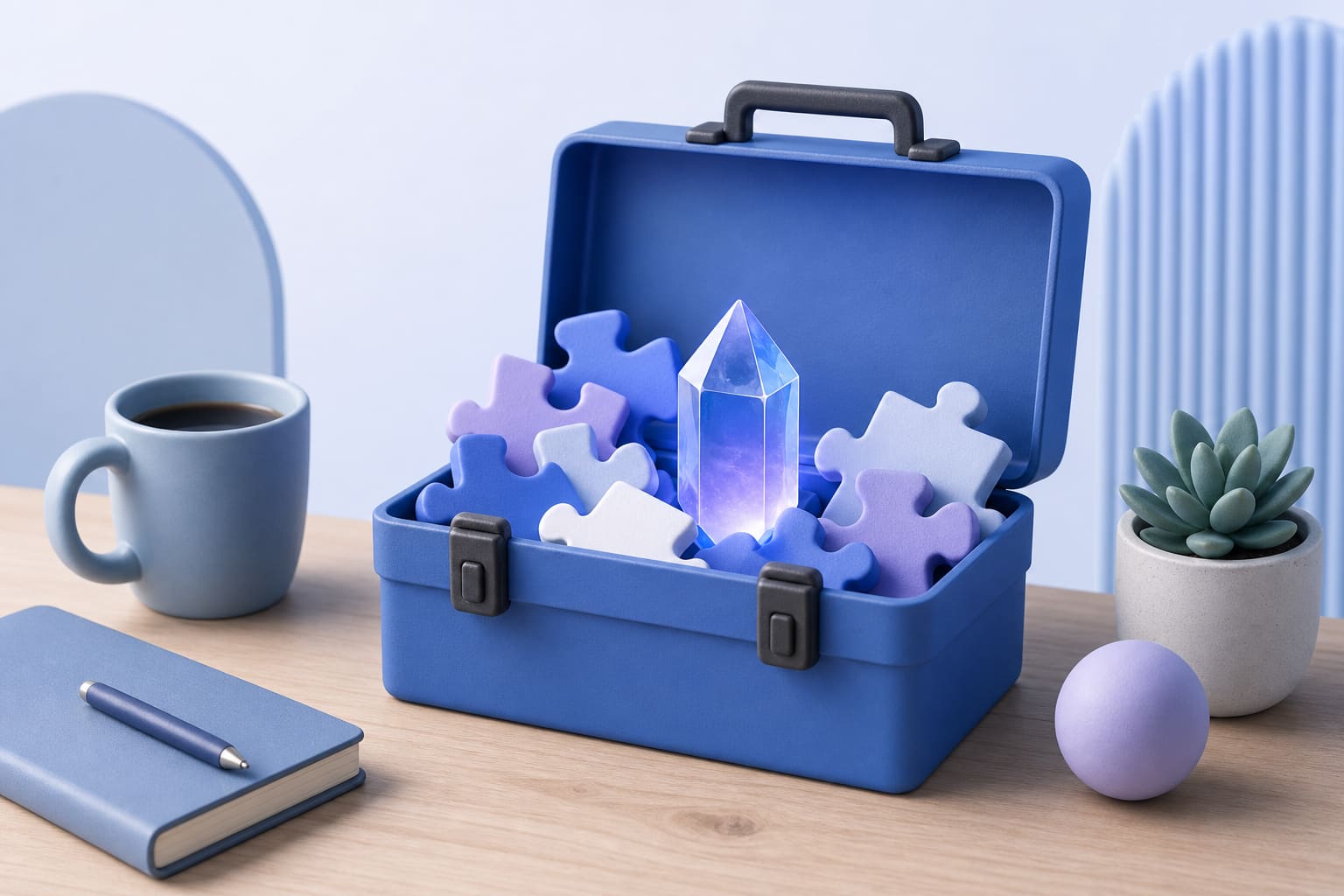 toolbox with puzzle pieces and a glowing crystal on a wooden desk next to a coffee mug