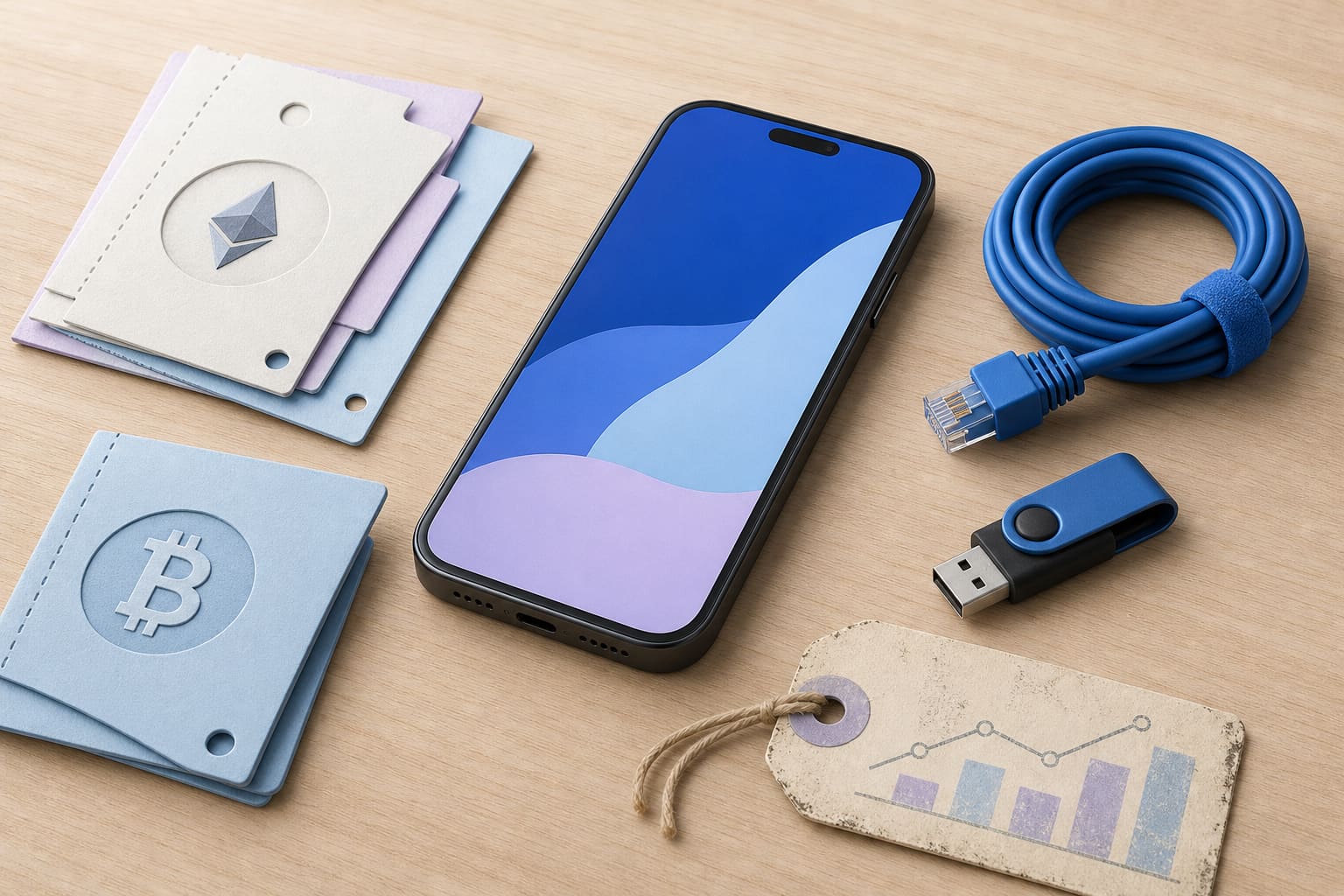 Smartphone on a desk with paper crypto wallets, USB drive, network cable, and an analytics tag sticker