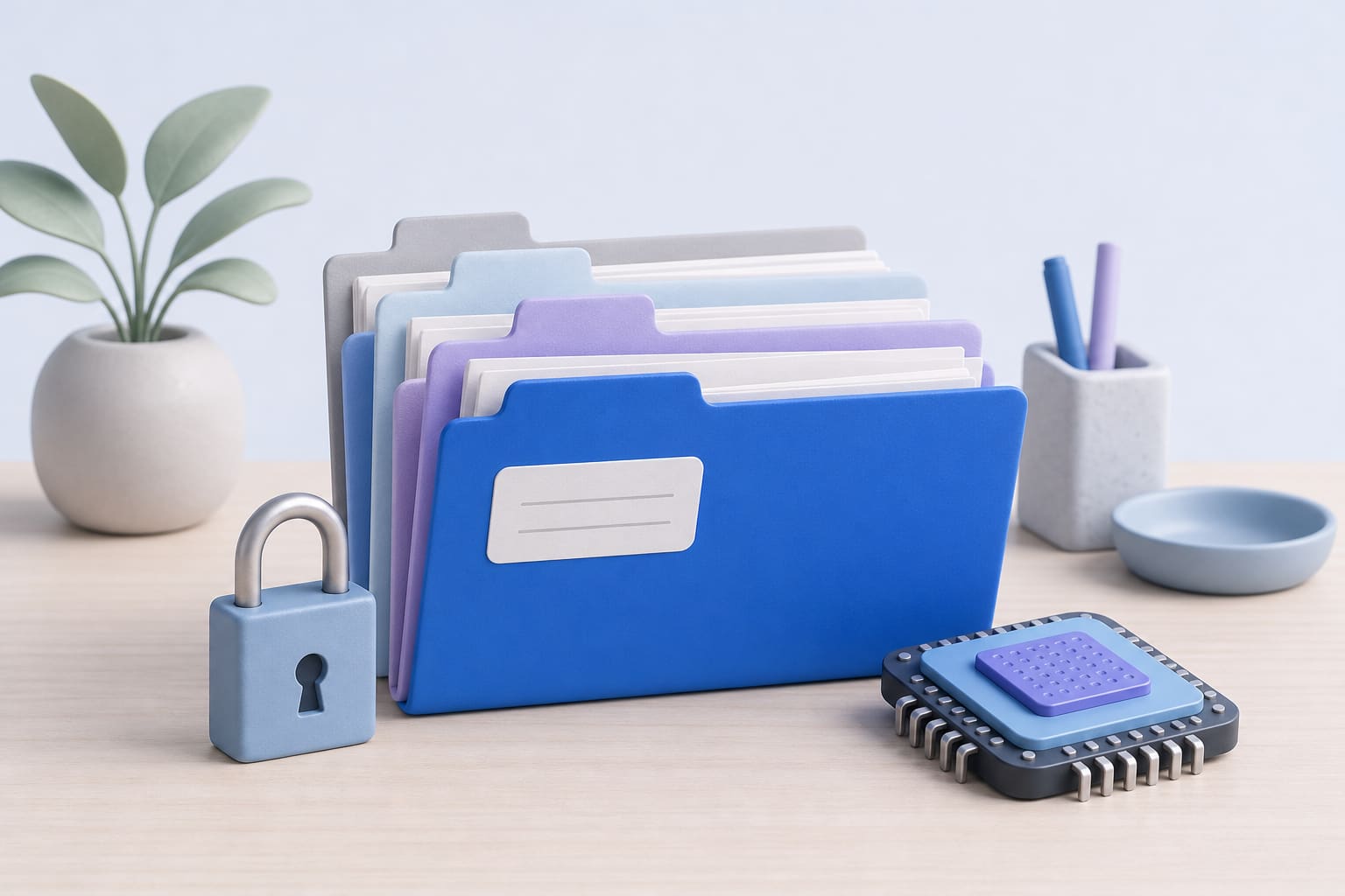 Stack of folders, a padlock, and an AI chip model on a desk