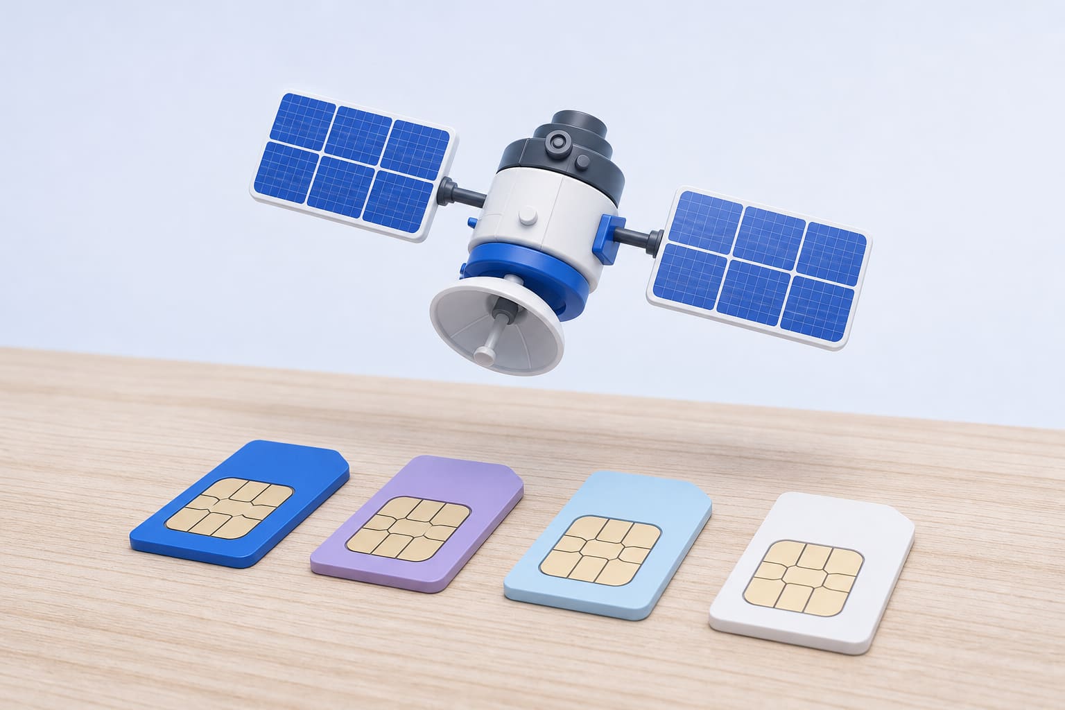 A model satellite suspended over four colored SIM cards on a wooden surface