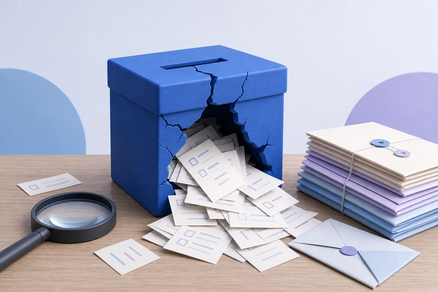 A cracked ballot box spilling paper ballots onto a desk with a magnifying glass and official letters, symbolizing election fraud