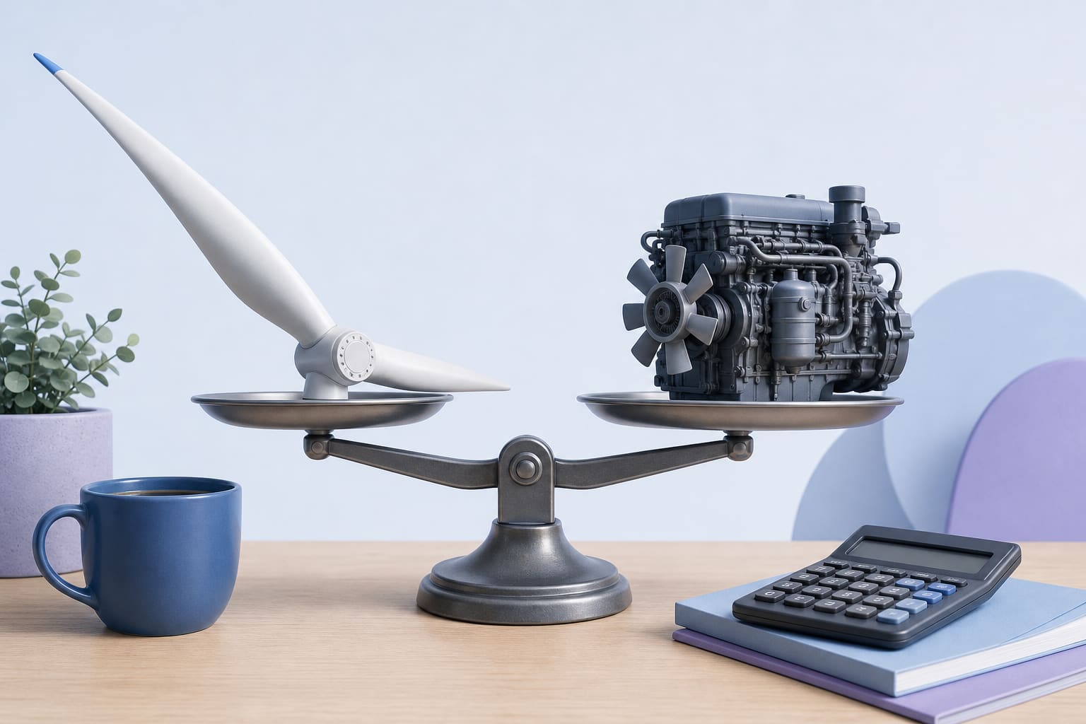 A scale weighing a wind turbine blade against a diesel engine, surrounded by a calculator and coffee mug