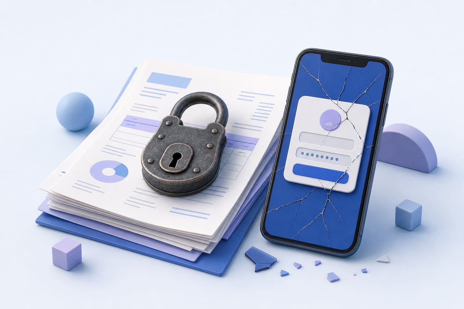 padlock on advertising invoices next to a cracked phone with a broken login window