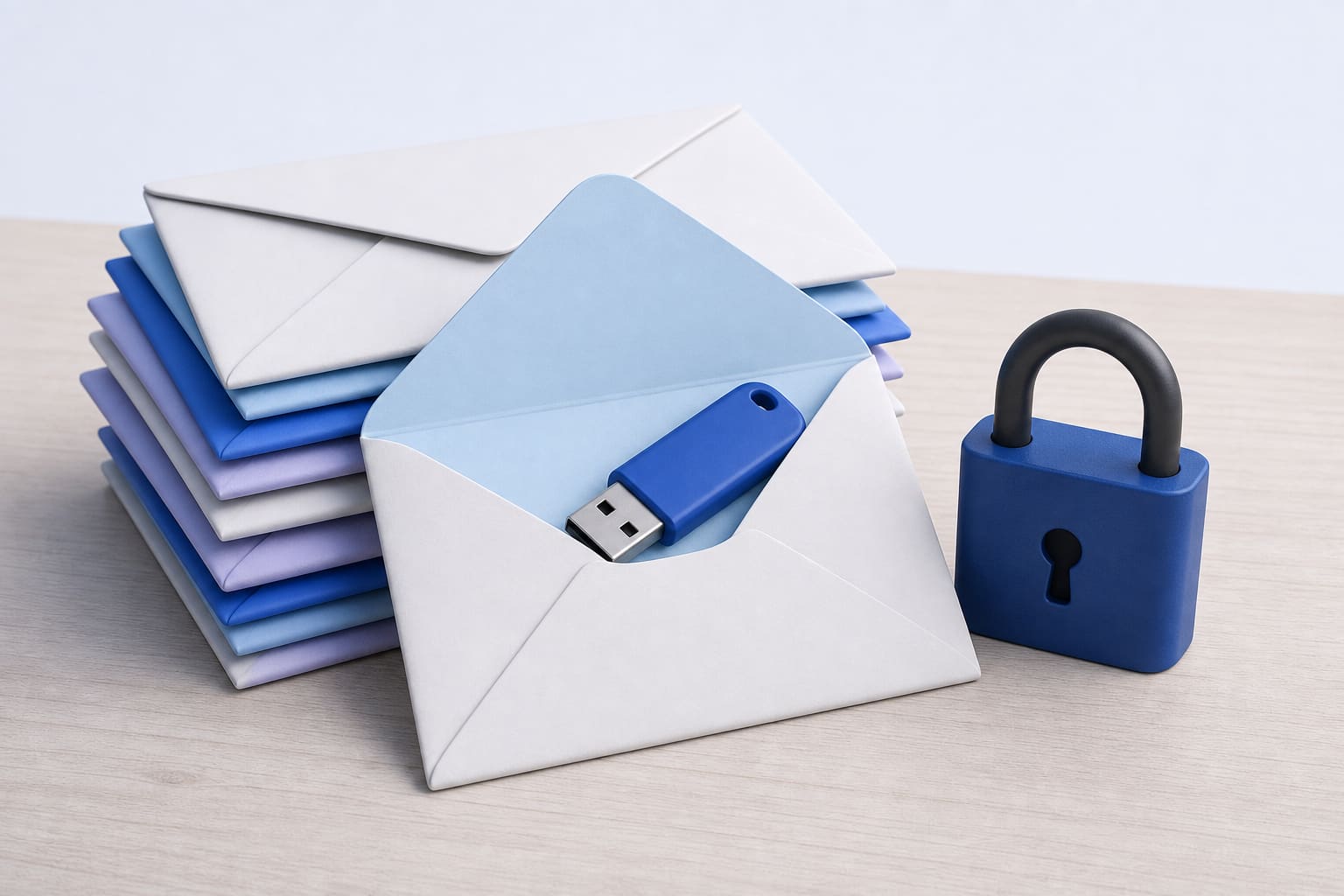 Stack of envelopes with one open showing a USB drive beside a closed padlock on a wooden desk