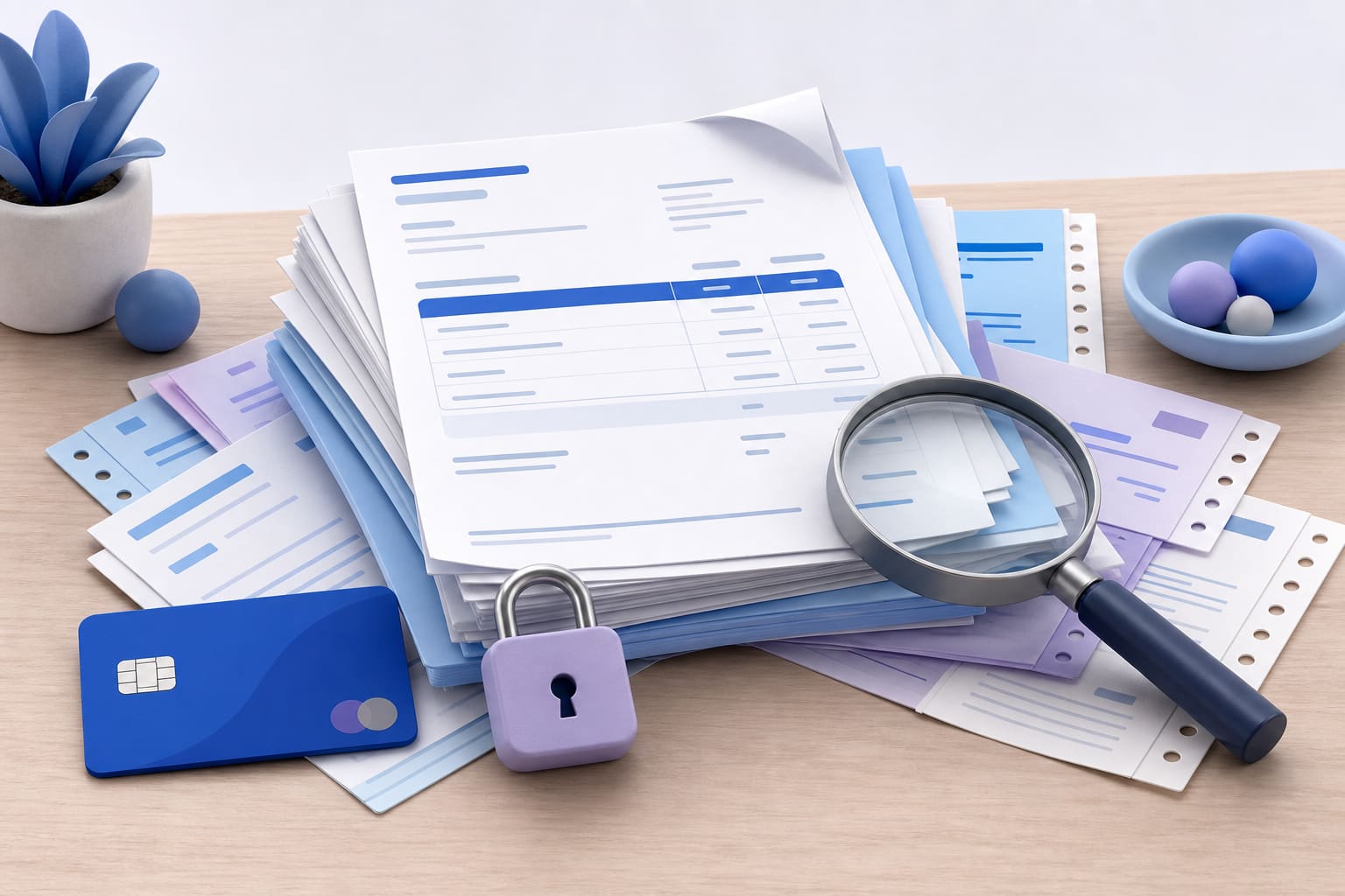 stack of fake invoices, a credit card, padlock, and magnifying glass on a table