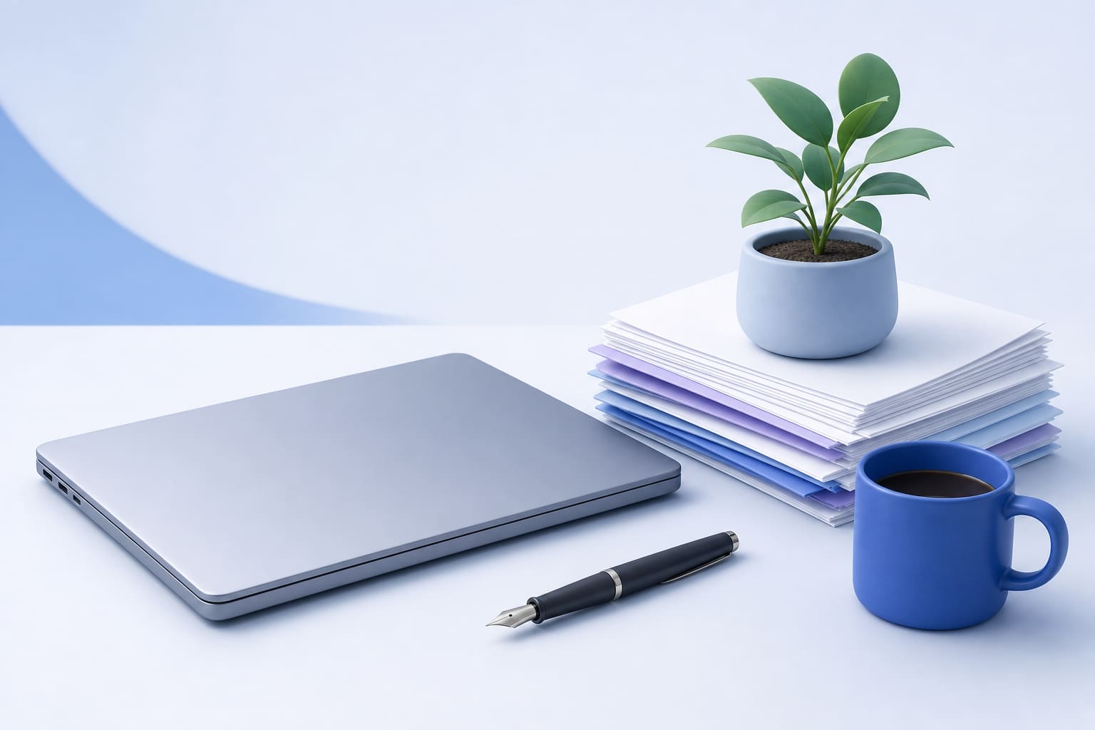 Closed laptop, stack of papers, fountain pen, coffee mug, and a tiny plant sprouting from the documents