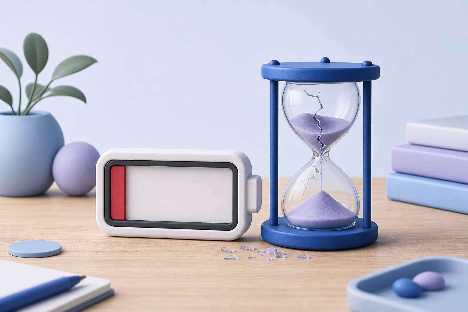 a battery icon with low charge beside a cracked hourglass on a desk