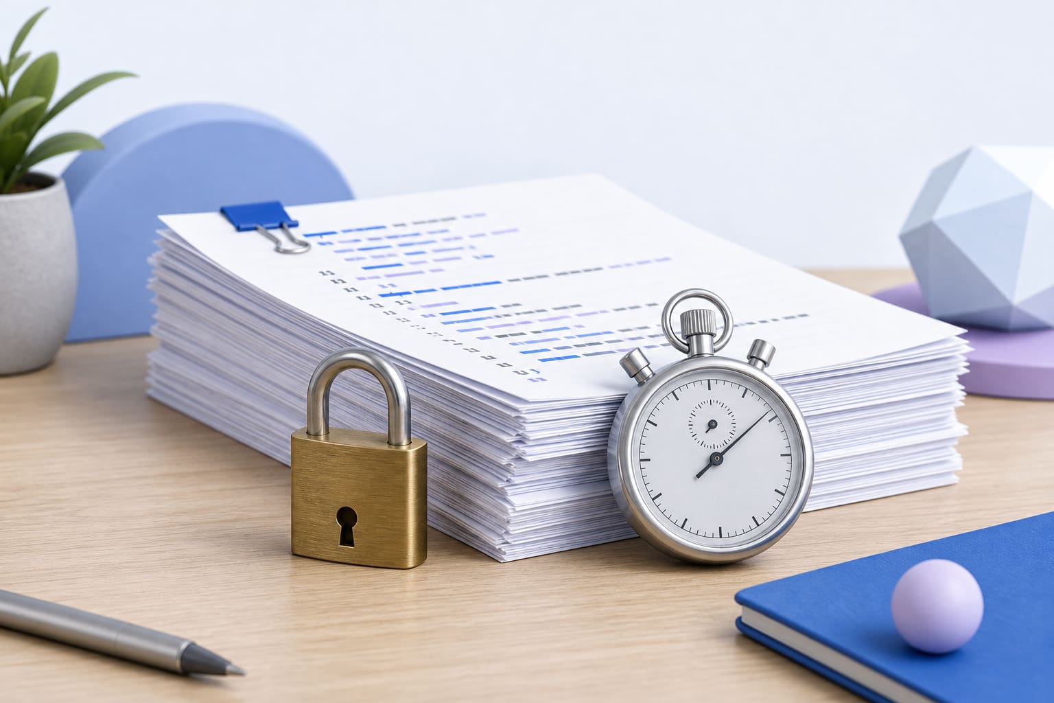 Brass padlock next to code printouts and a stopwatch on a wooden desk