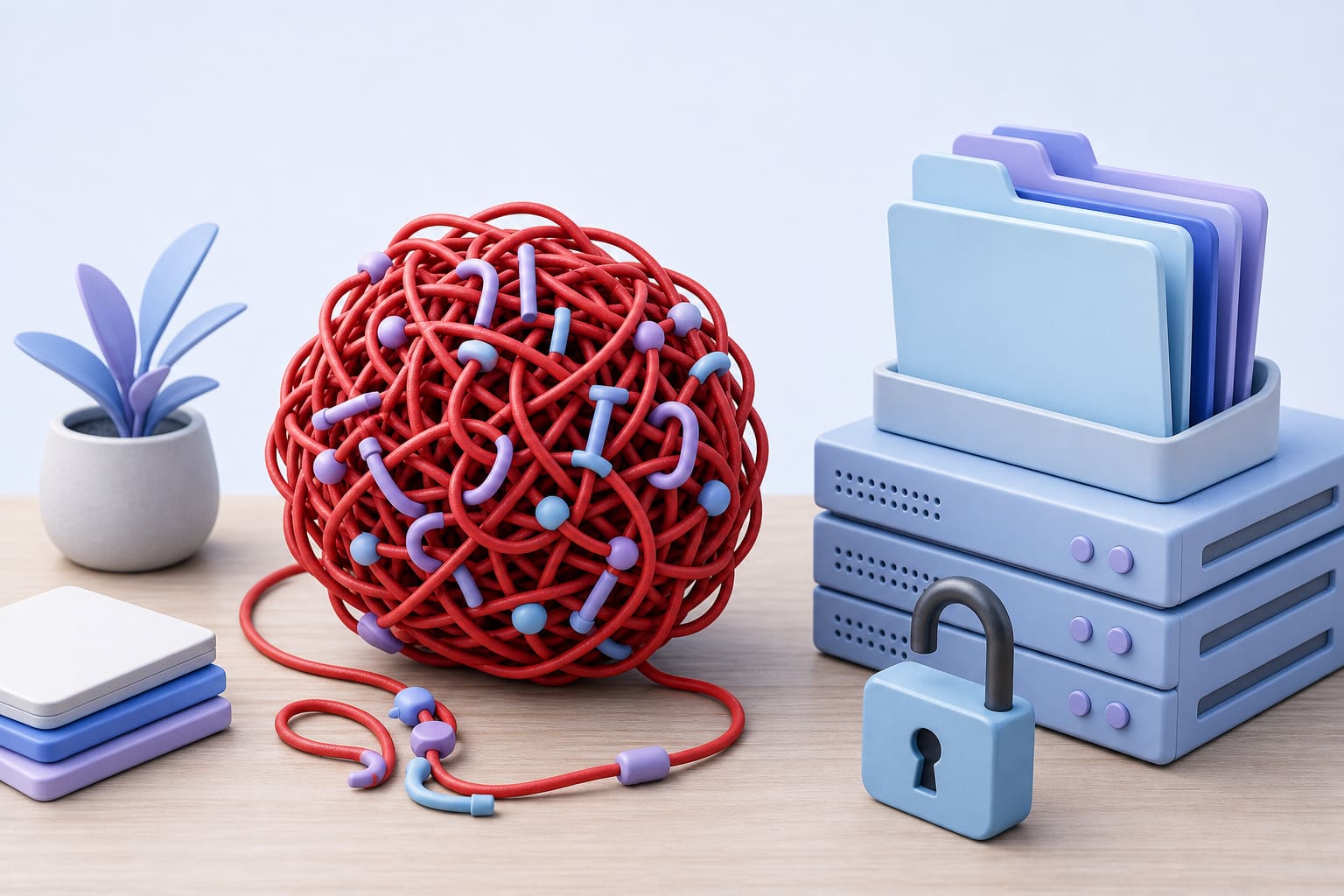 red string shaped like a regex pattern next to an open padlock and maintenance folders on a desk