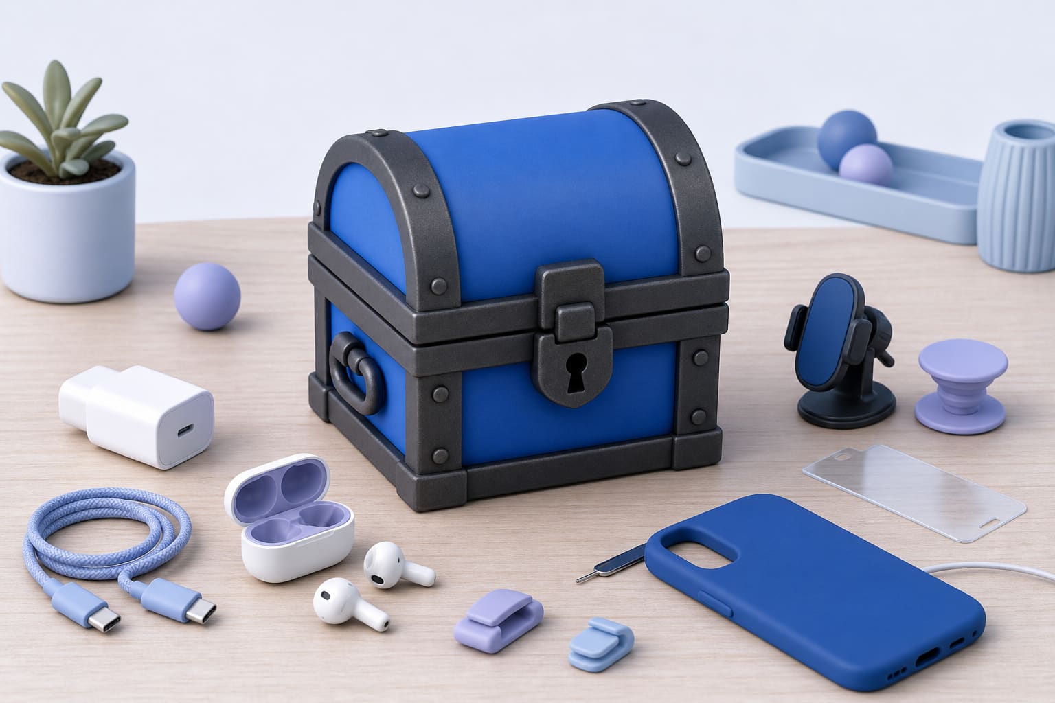 Closed treasure chest with smartphone accessories on a desk, symbolizing hidden features in a phone trial