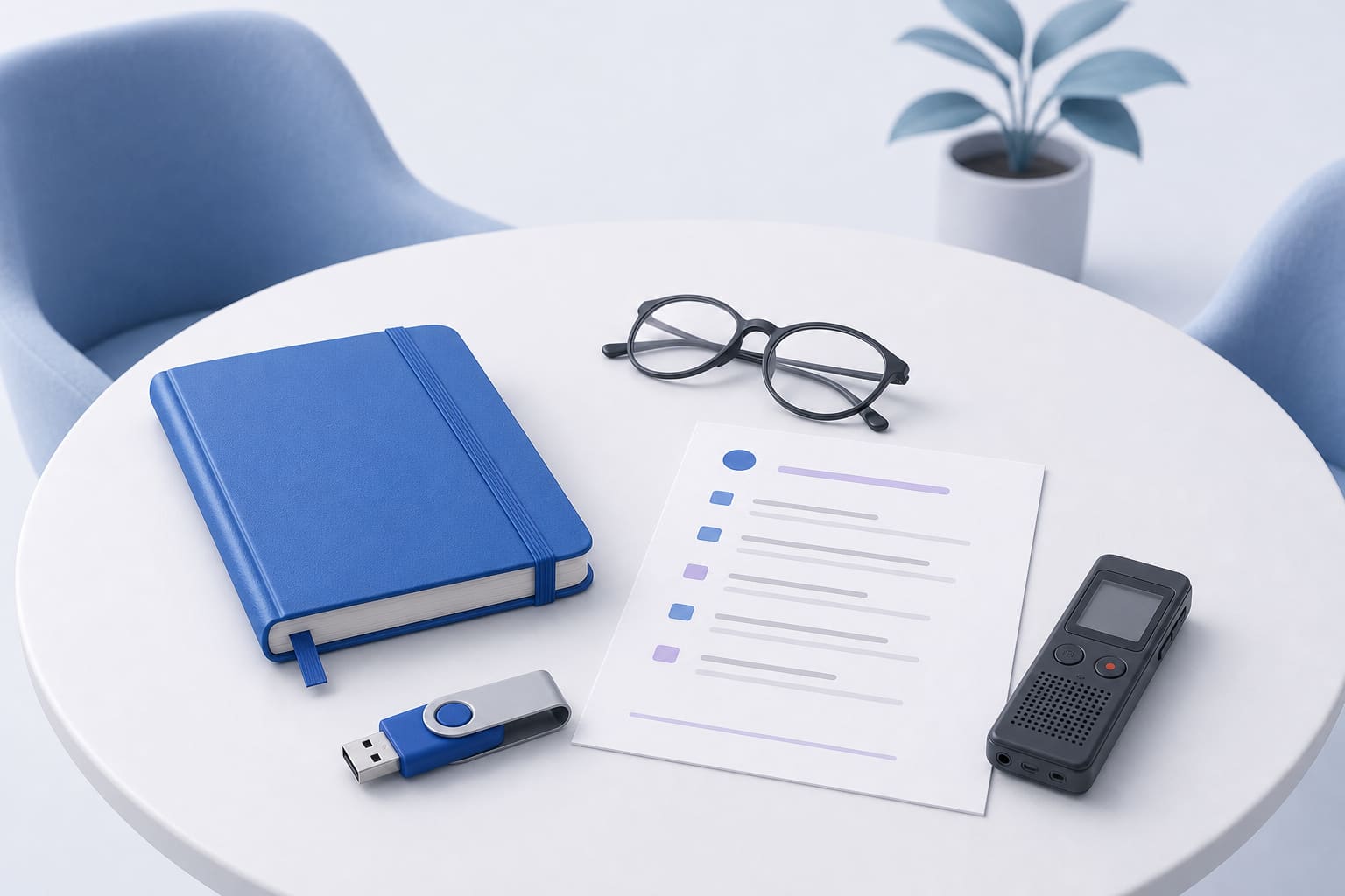 Notebook, glasses, printed agenda, USB drive, and voice recorder on a table
