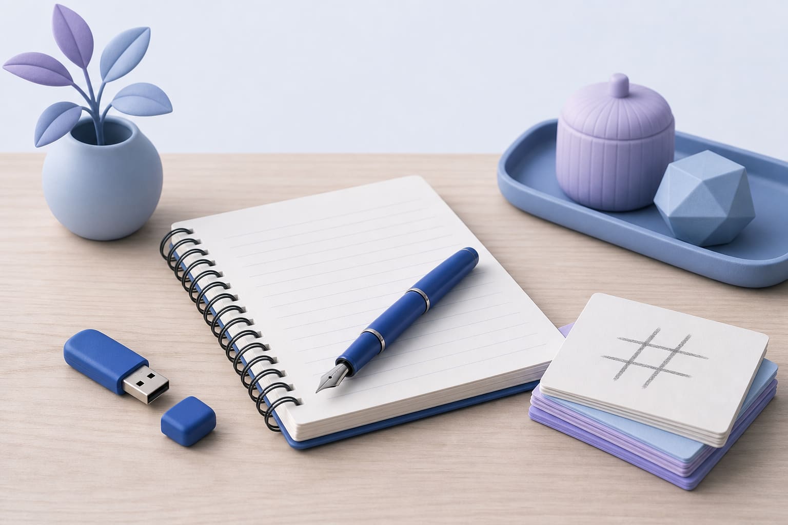 Spiral notebook, fountain pen, USB stick, and index cards with pencil hash marks on a wooden desk
