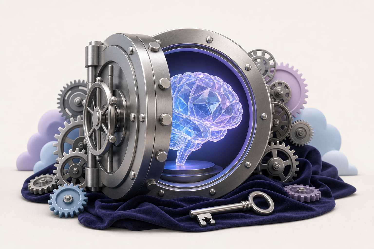 Vault door open to a glowing brain crystal amid gears and a silver key on velvet.