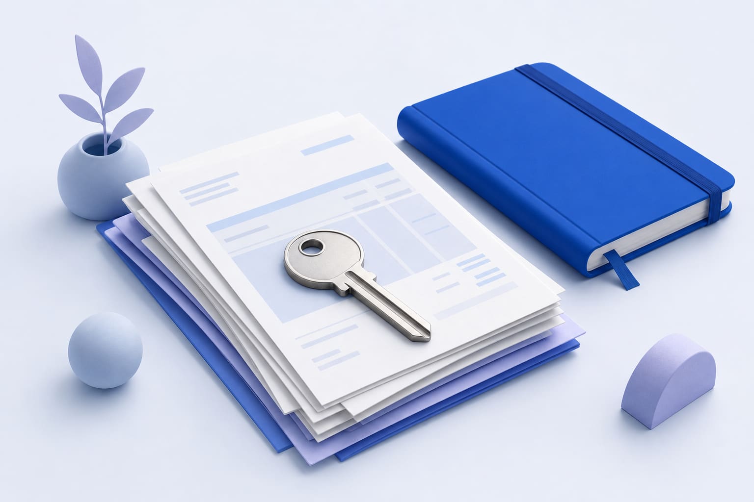 A silver key placed on invoices and a closed notebook, symbolizing access restrictions