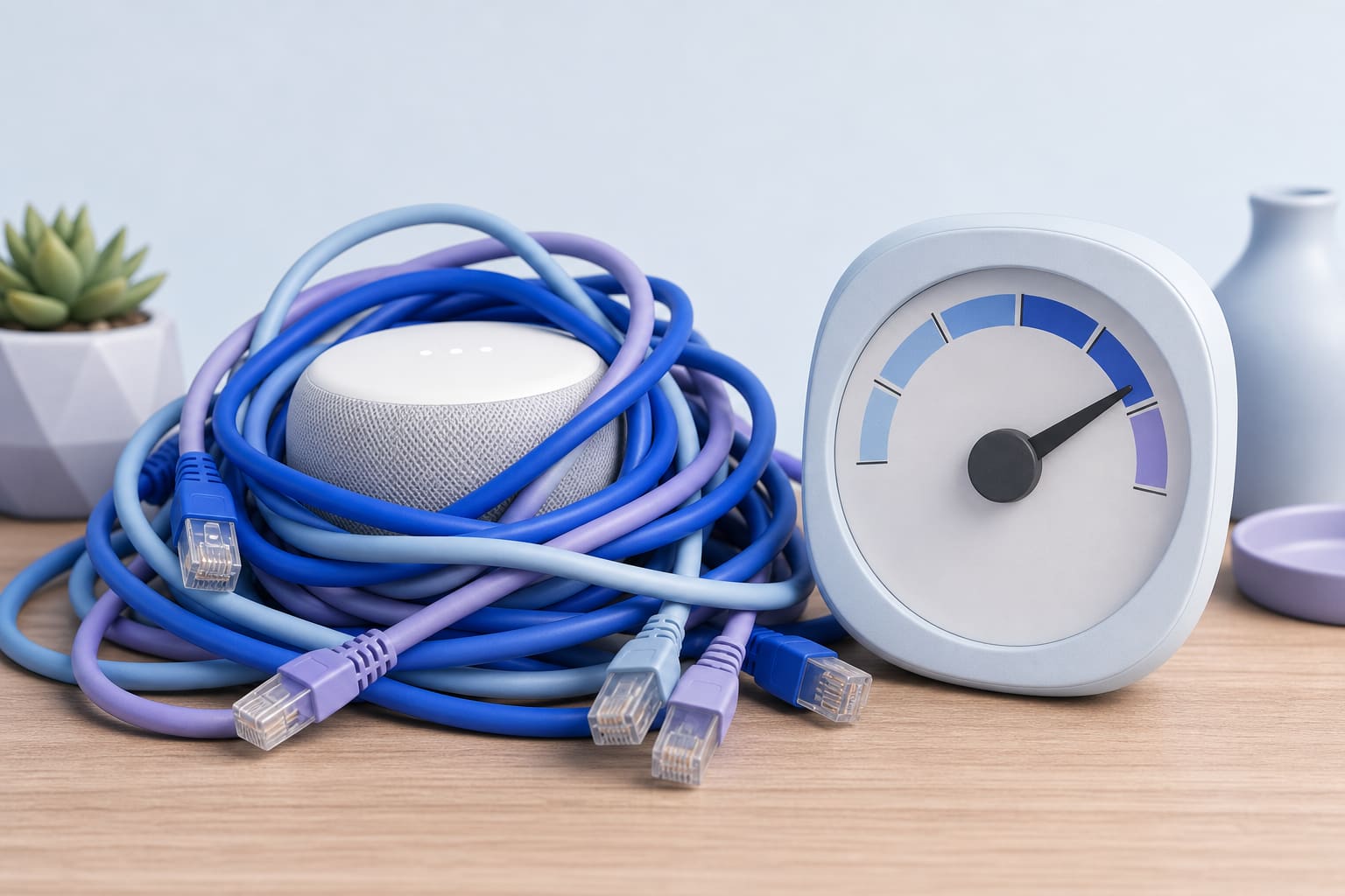 Smart speaker surrounded by tangled cables and a data meter showing high gigabytes