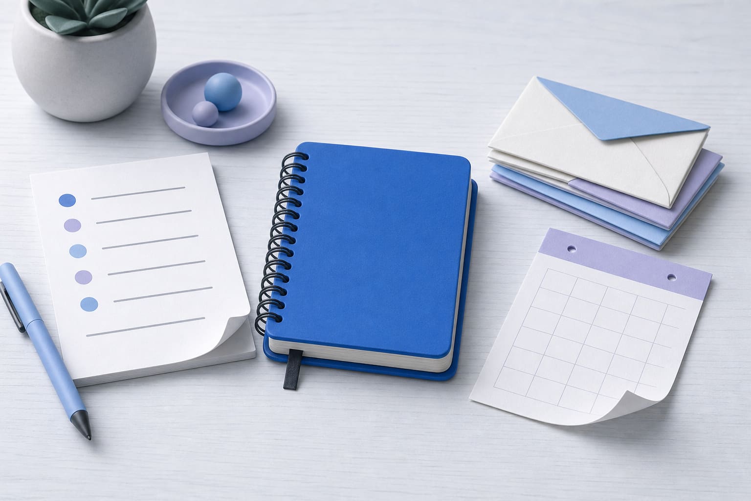 notebook, checklist, envelopes, and calendar page on a wooden desk