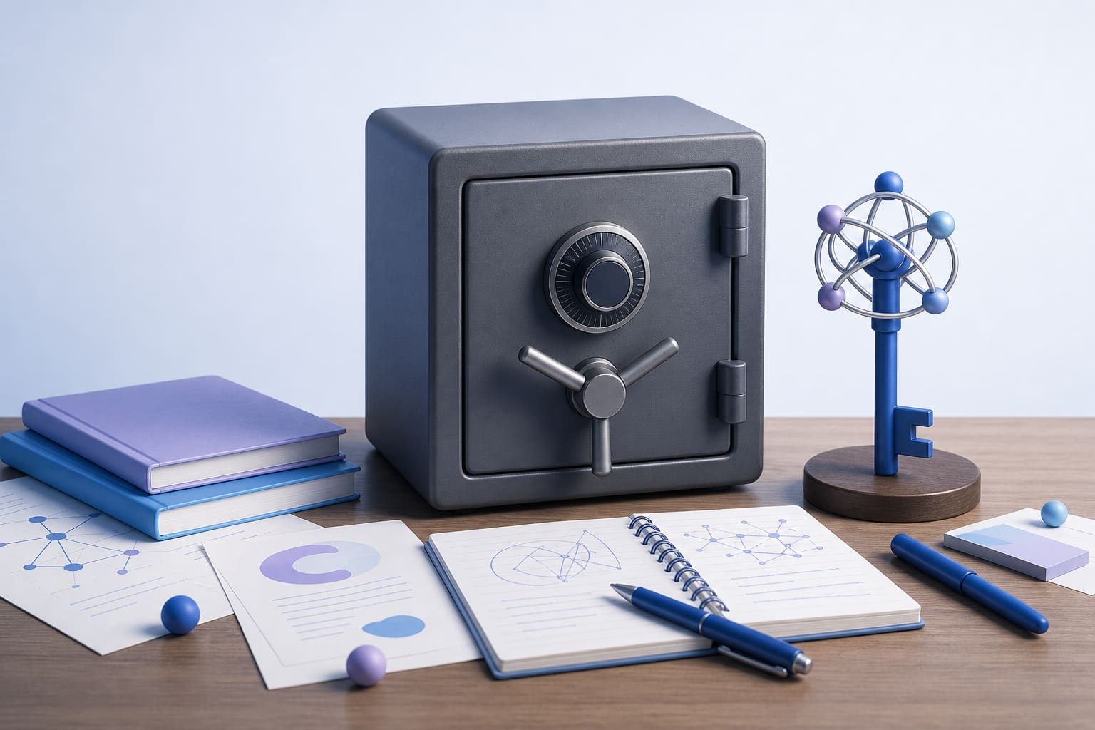 metal safe with conference notes and a quantum key model on a wooden table