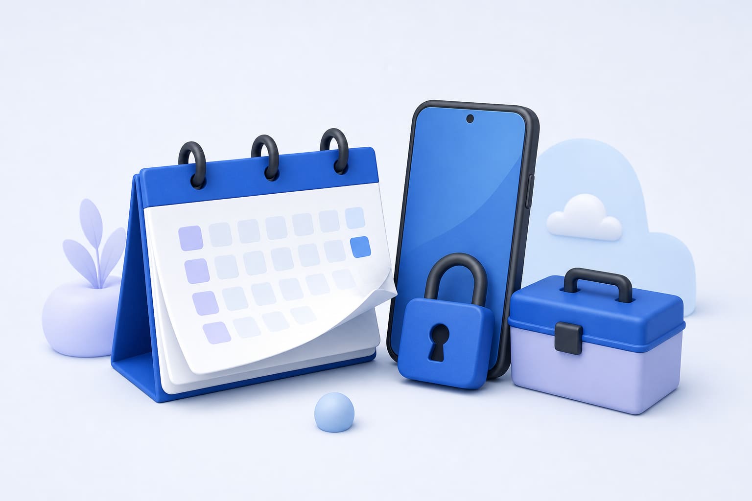 A calendar, a locked smartphone, and a toolbox symbolizing update timelines, security, and maintenance