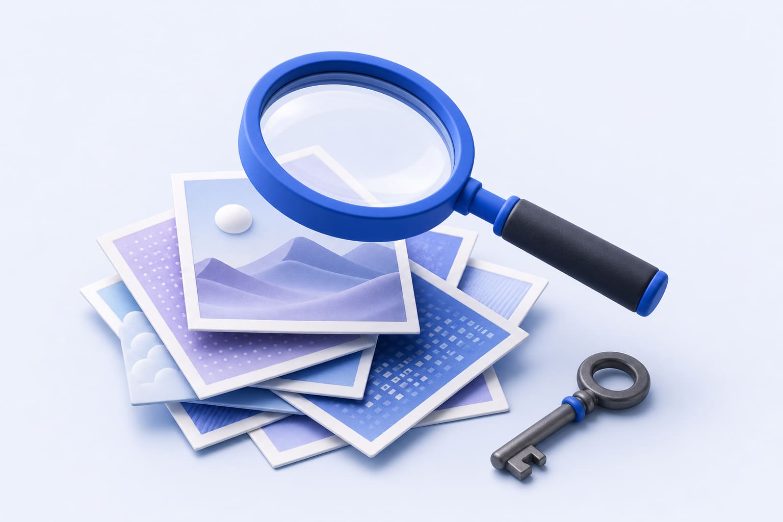 Magnifying glass over photos with faint digital patterns, key nearby, representing AI content detection
