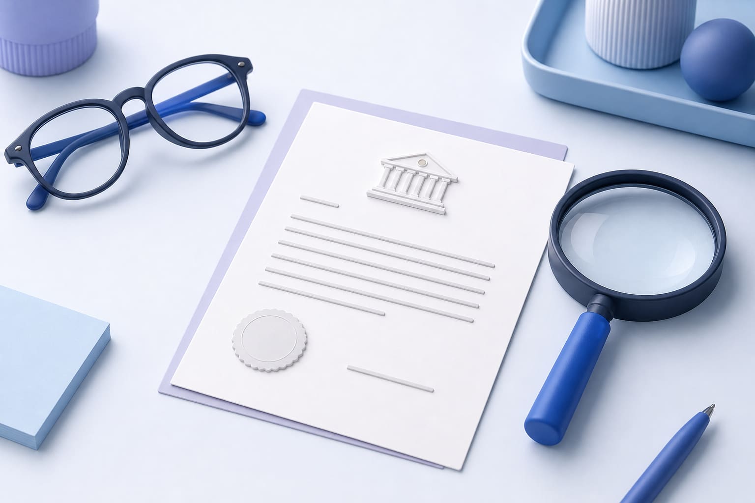 eyeglasses, magnifying glass, and a counterfeit government letter on a desk