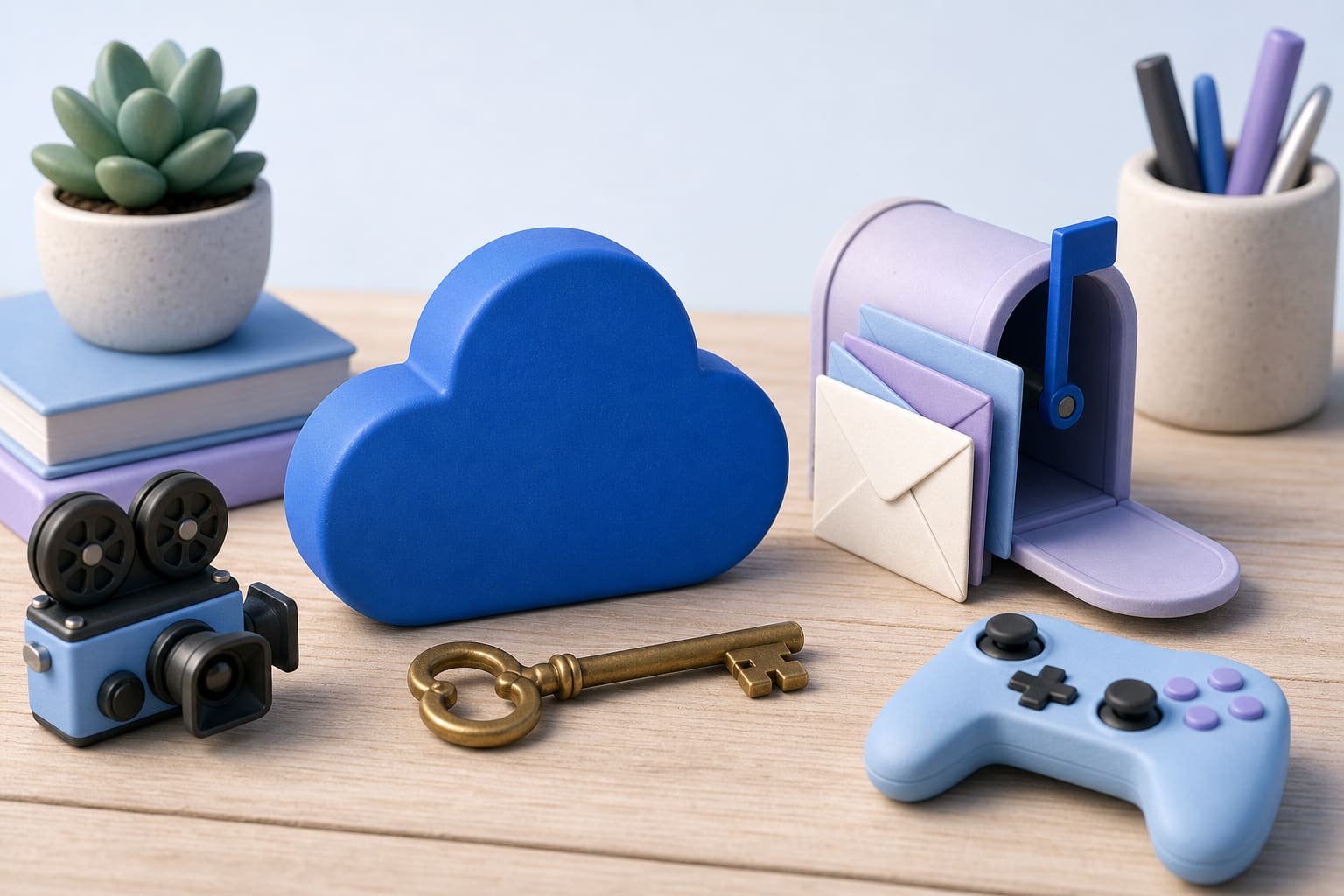 Cloud-shaped paperweight, brass key, mailbox with envelopes, small camera, and toy controller on a wooden desk