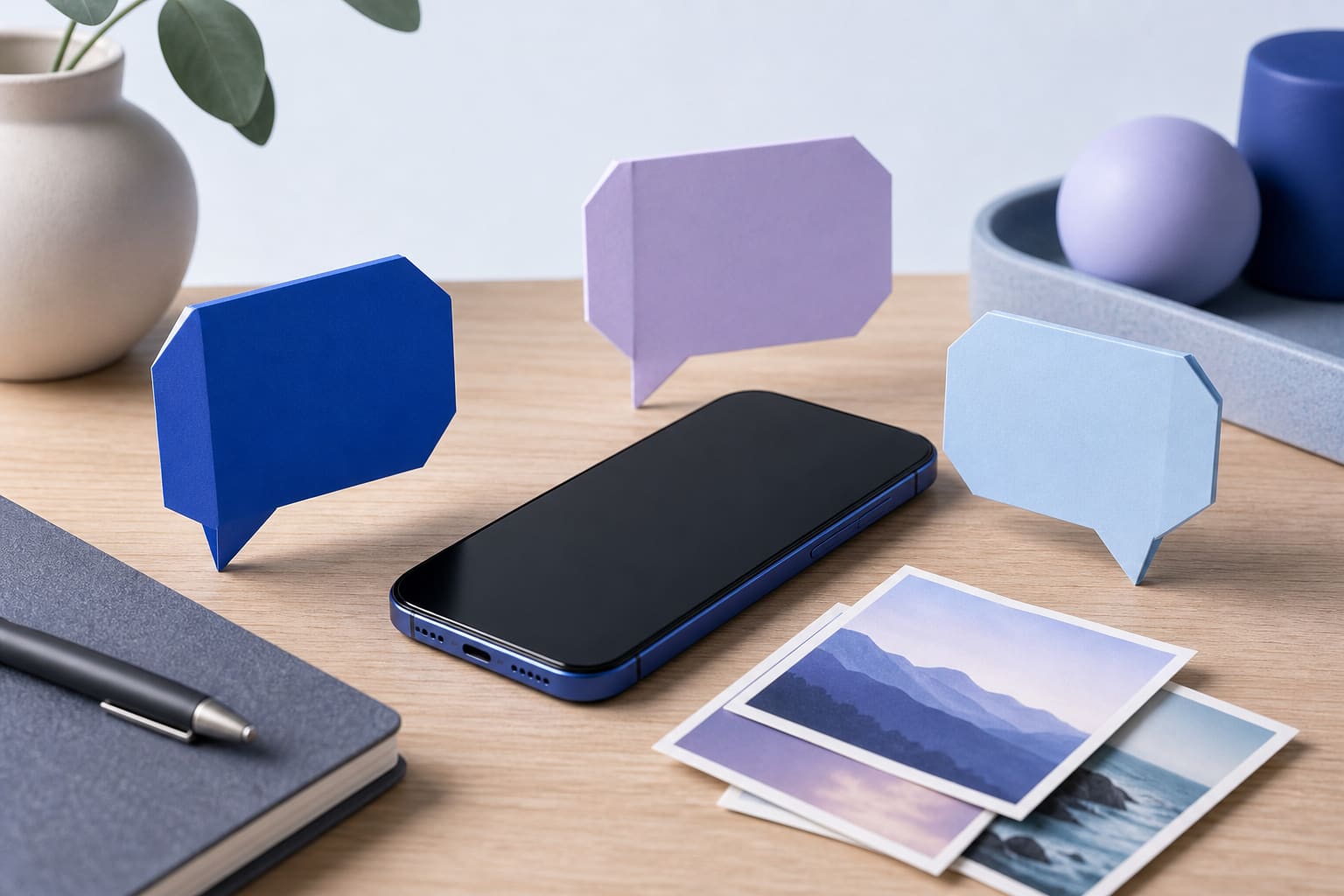 Smartphone, paper speech bubbles, and printed photos on a wooden desk representing messaging updates