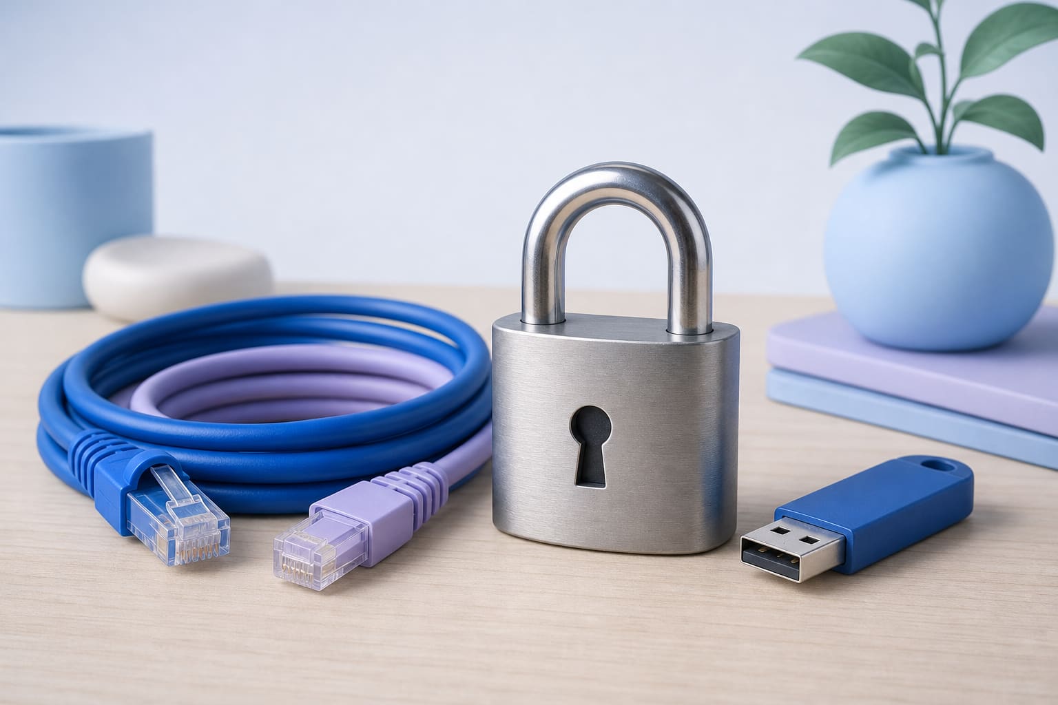 Padlock next to Ethernet cables and a USB drive on a desk representing network security