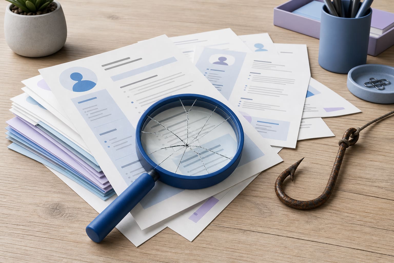 Printed résumés spread on a desk with a broken magnifying glass and a rusted hook, symbolizing job search and phishing scams