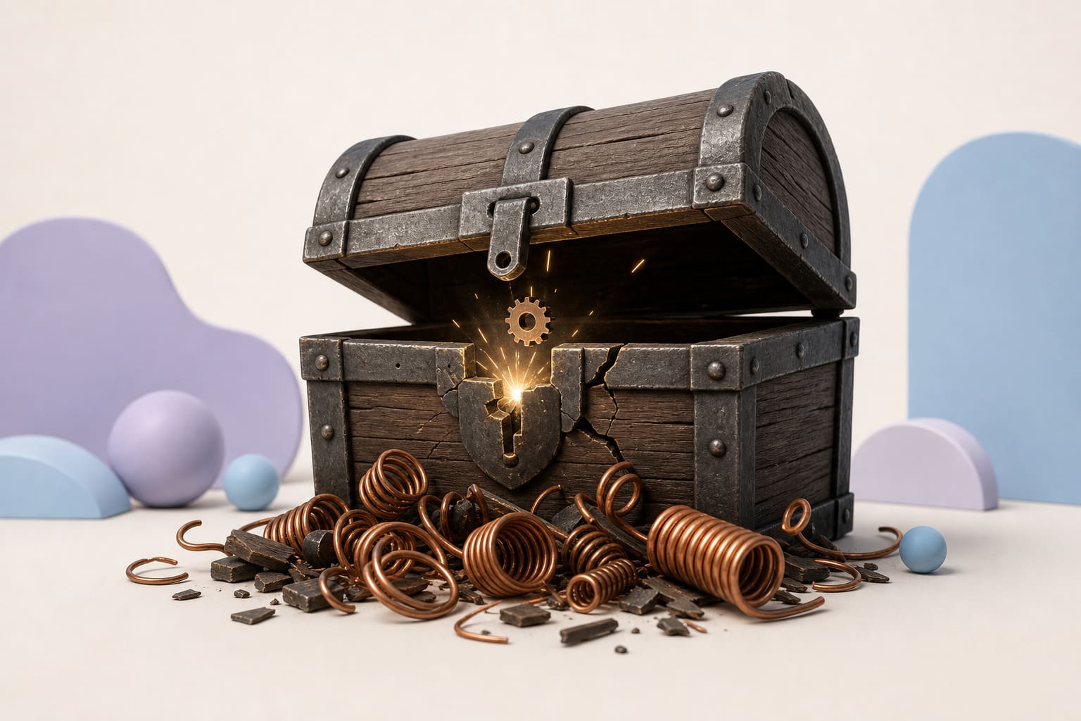 Open wooden chest with broken lock, copper coils spilling, tiny gear entering lock, bright spark.