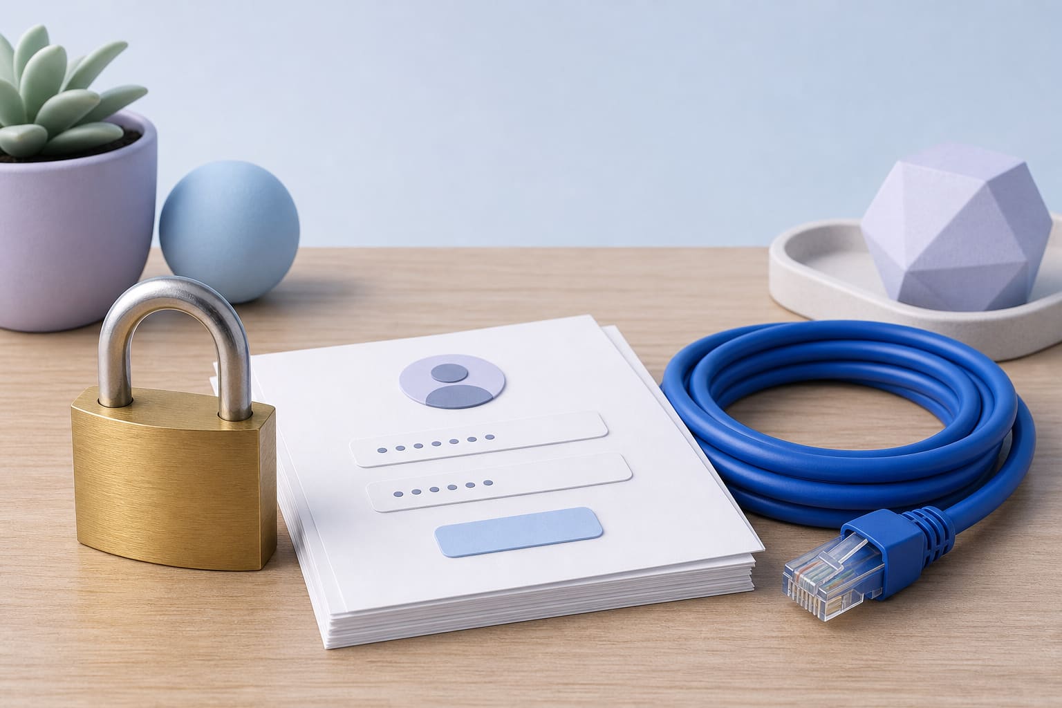 Brass padlock next to a stack of printed login forms and a coiled blue network cable on a wooden desk.