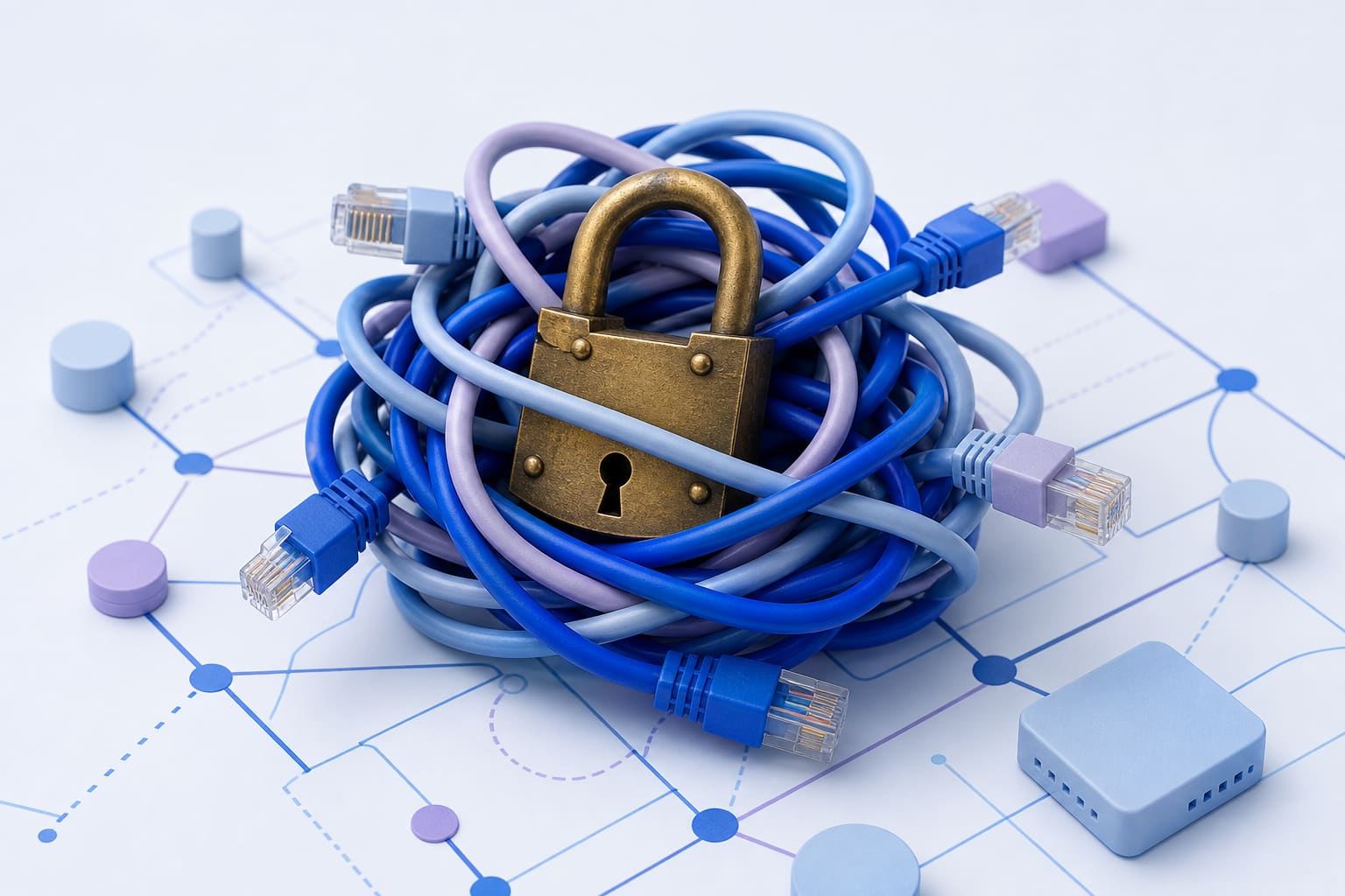 Network cables tangled around a padlock on a paper network diagram