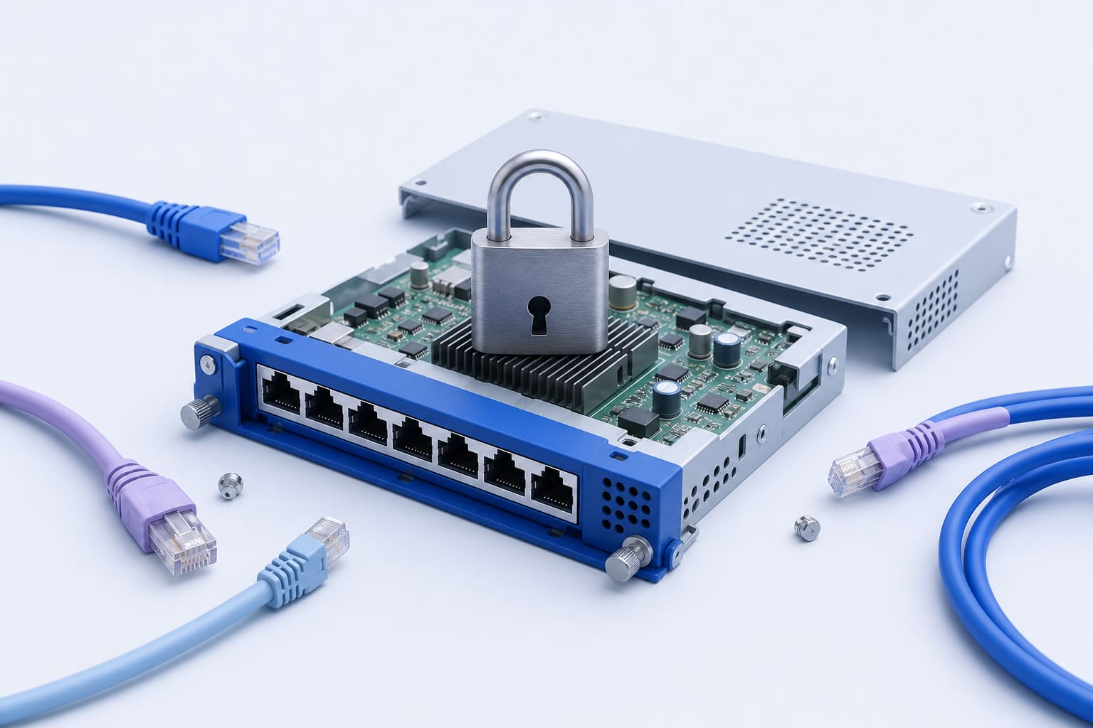padlock resting on a disassembled network switch module with loose Ethernet cables