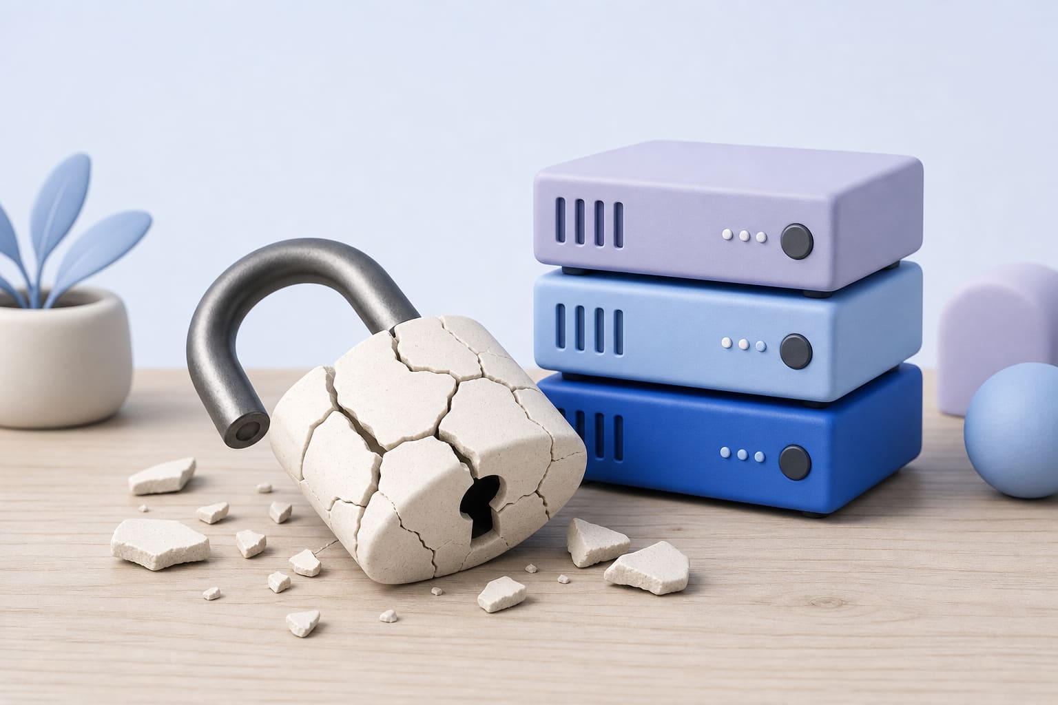 cracked padlock on a desk beside miniature server bricks, symbolizing patched NGINX vulnerabilities