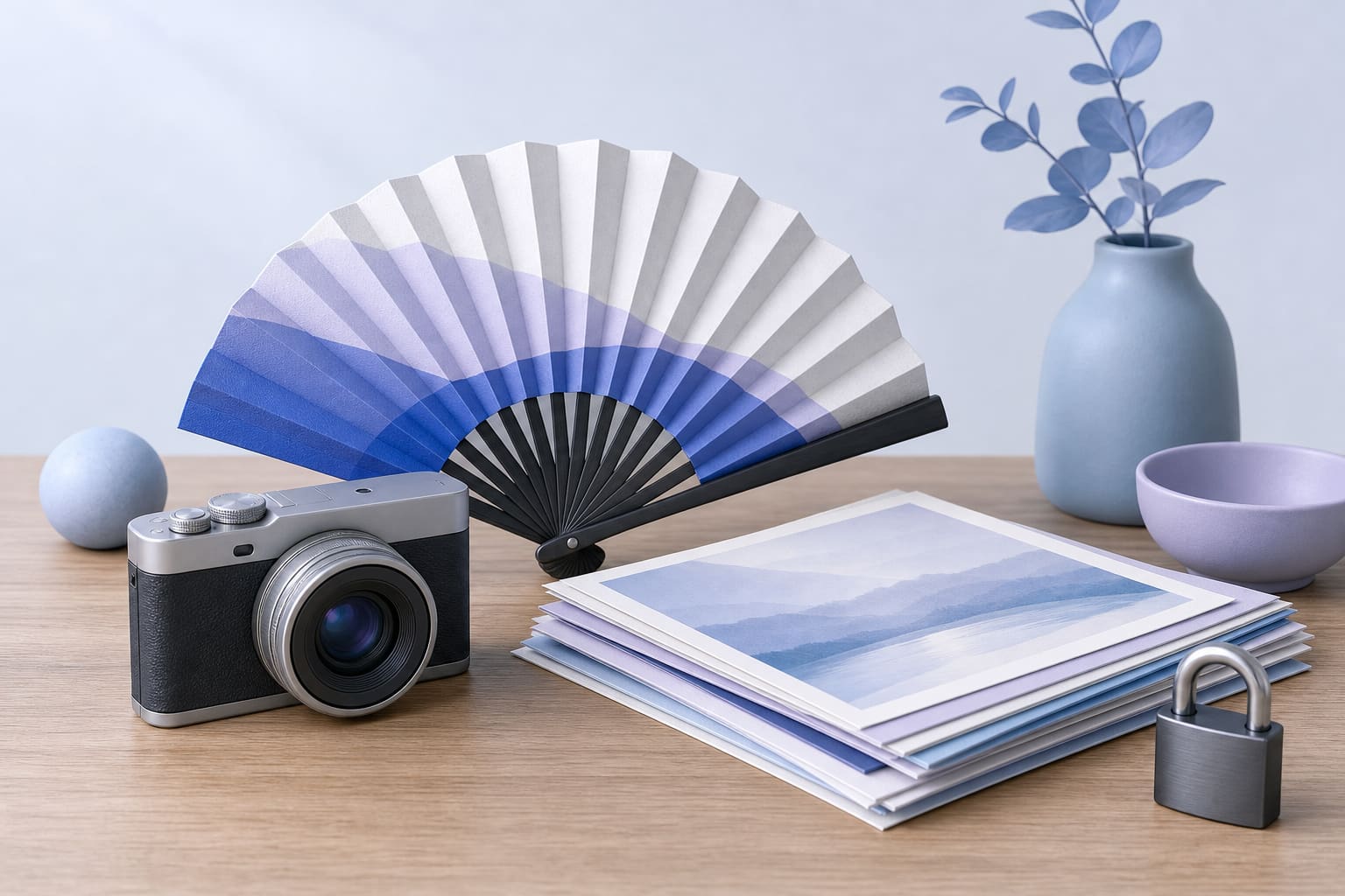 A folded paper fan, camera, stack of scanned papers, and a small padlock on a wooden desk