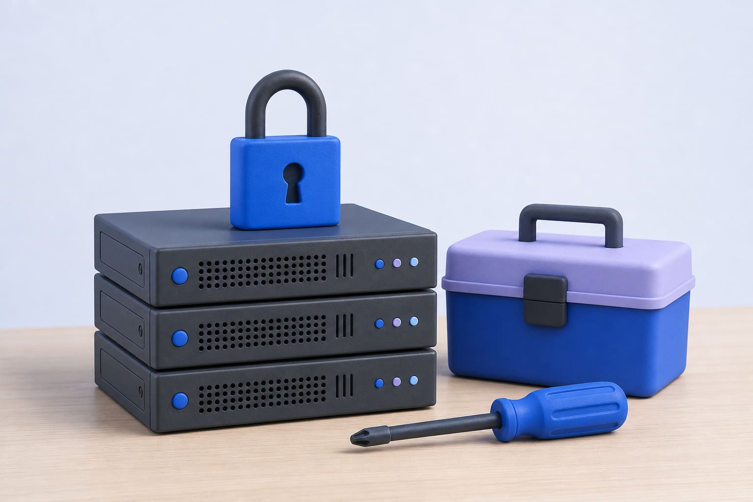 Padlock resting on stacked server drive enclosures with a toolbox and screwdriver on a wooden table