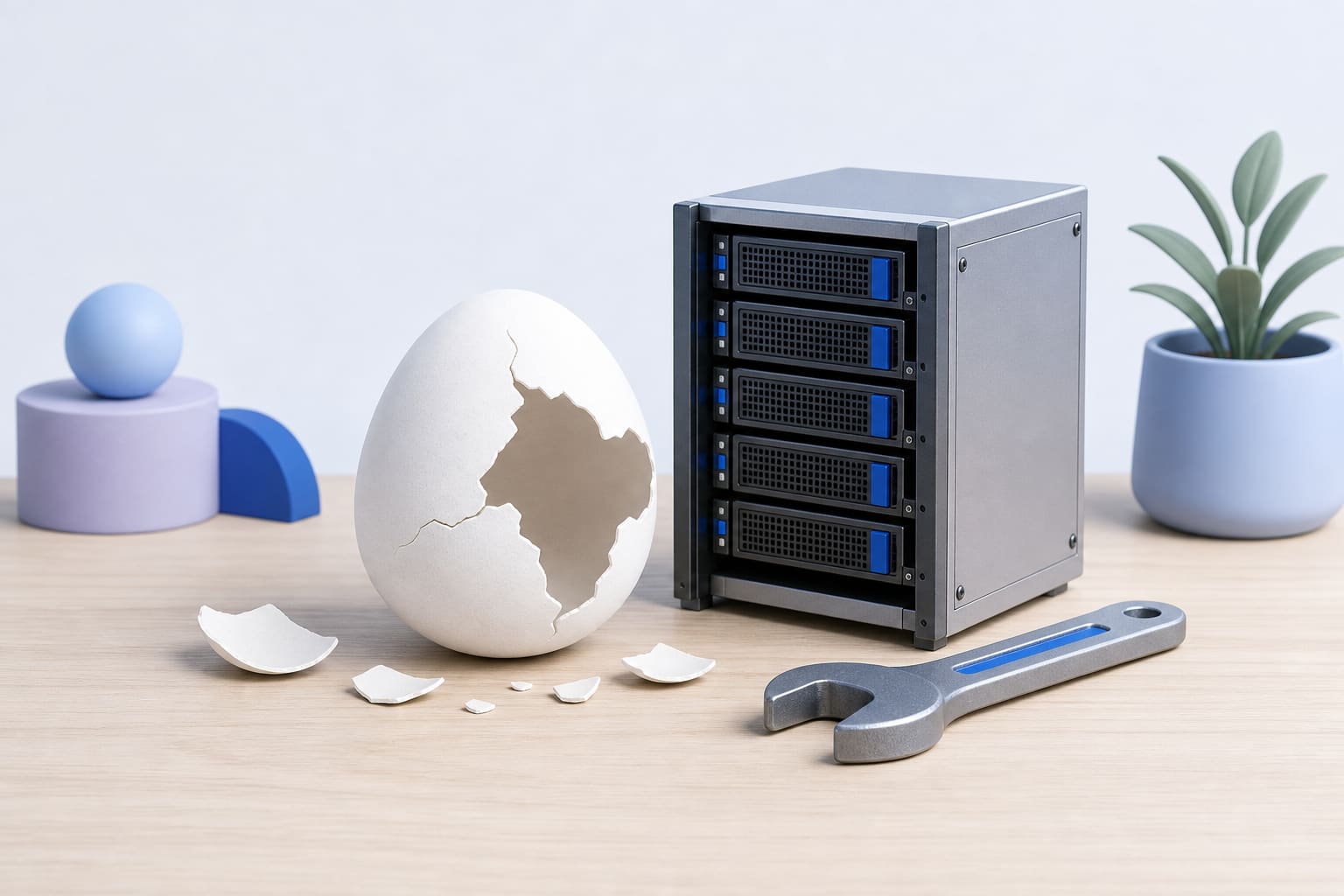 A cracked white egg next to a model server rack and a wrench on a desk, suggesting a broken runtime and repair
