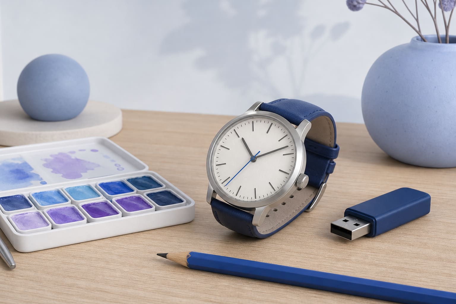 A wristwatch next to a paint palette, pencil, and USB drive on a wooden surface